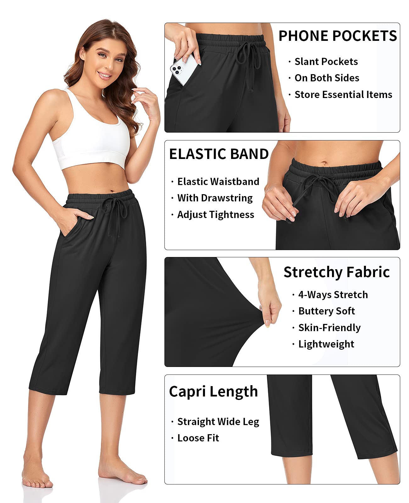 TARSE Womens Capri Pants Stretch Yoga Athletic Gym Capris Sweatpants Comfy Elastic Waist Work Crop Pants Pockets (Black,XL)