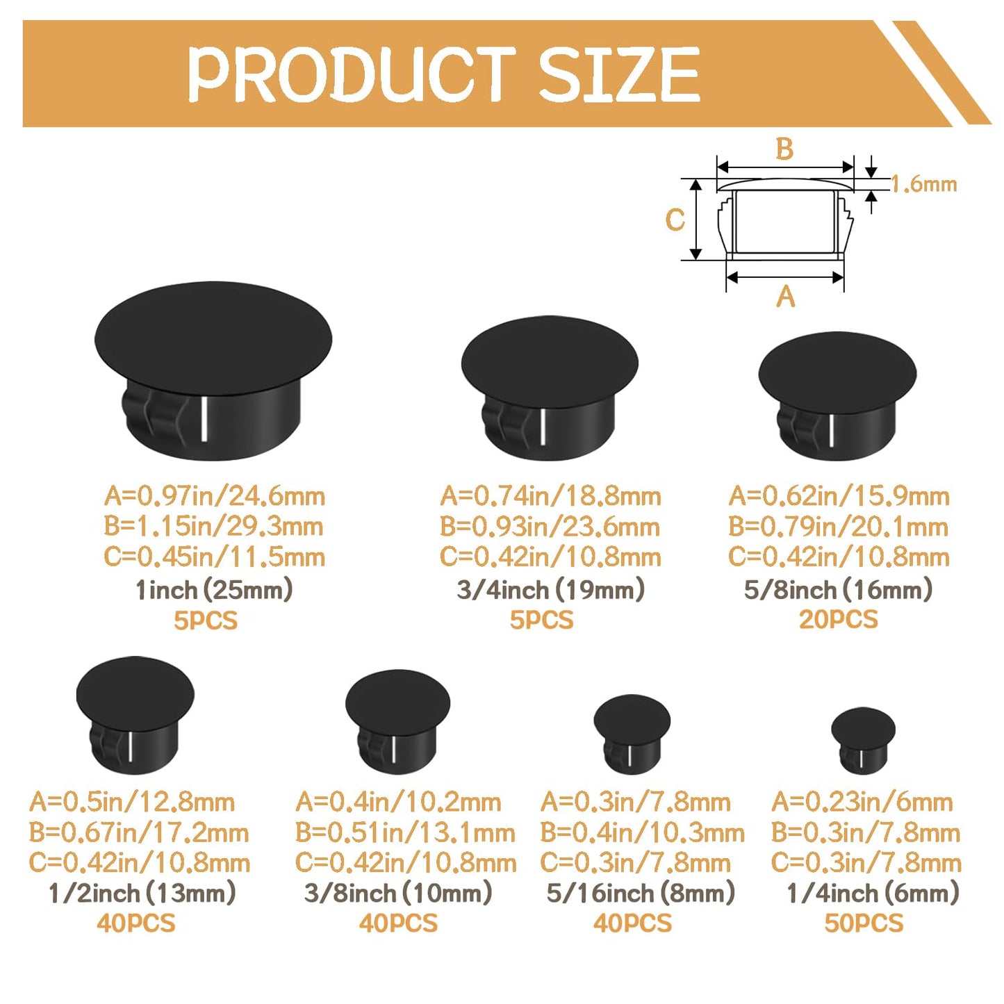 zDwfDc 200PCS 7 Sizes Black Hole Plugs Nylon Plastic Plugs for Round Holes, 1" 3/4" 5/8" 1/2" 3/8" 5/16" 1/4" Round Hole Cover Snap Locking, Used for Plastic Furniture, Cabinet Furniture DD016-b