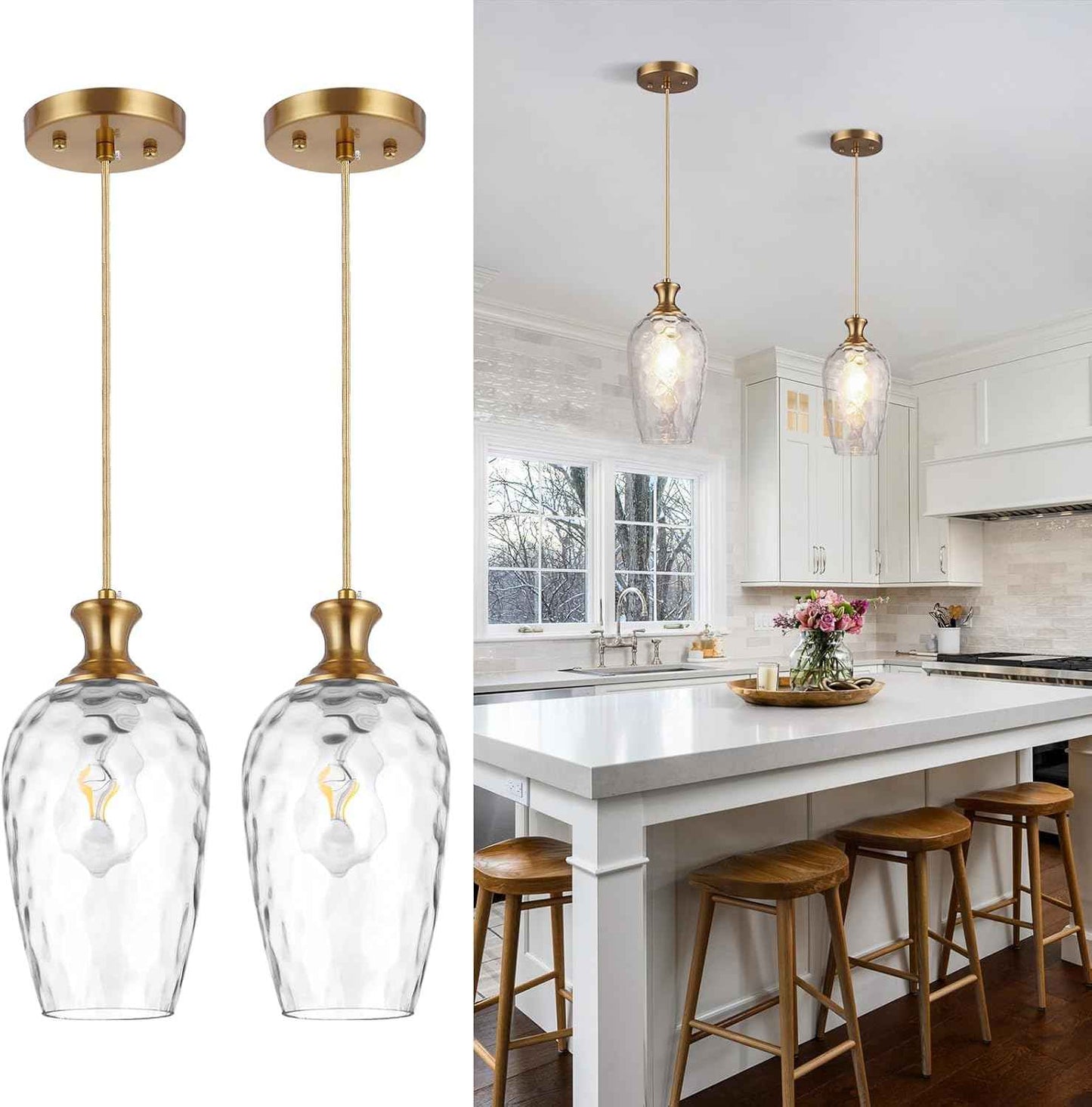 Brushed Nickel Glass Pendant Light Fixture - Modern 1-Light Hanging Lamp for Kitchen Island & Dining Room