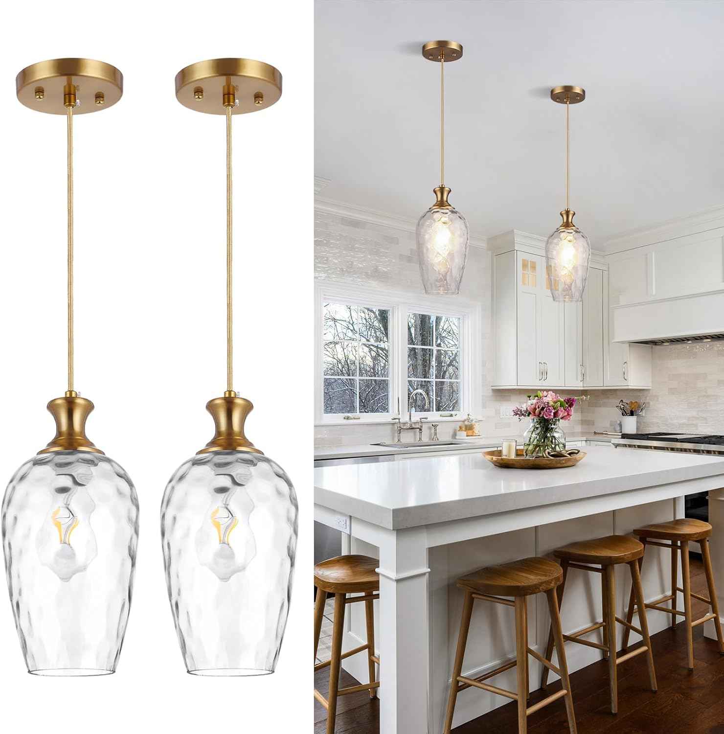 Brushed Nickel Glass Pendant Light Fixture - Modern 1-Light Hanging Lamp for Kitchen Island & Dining Room