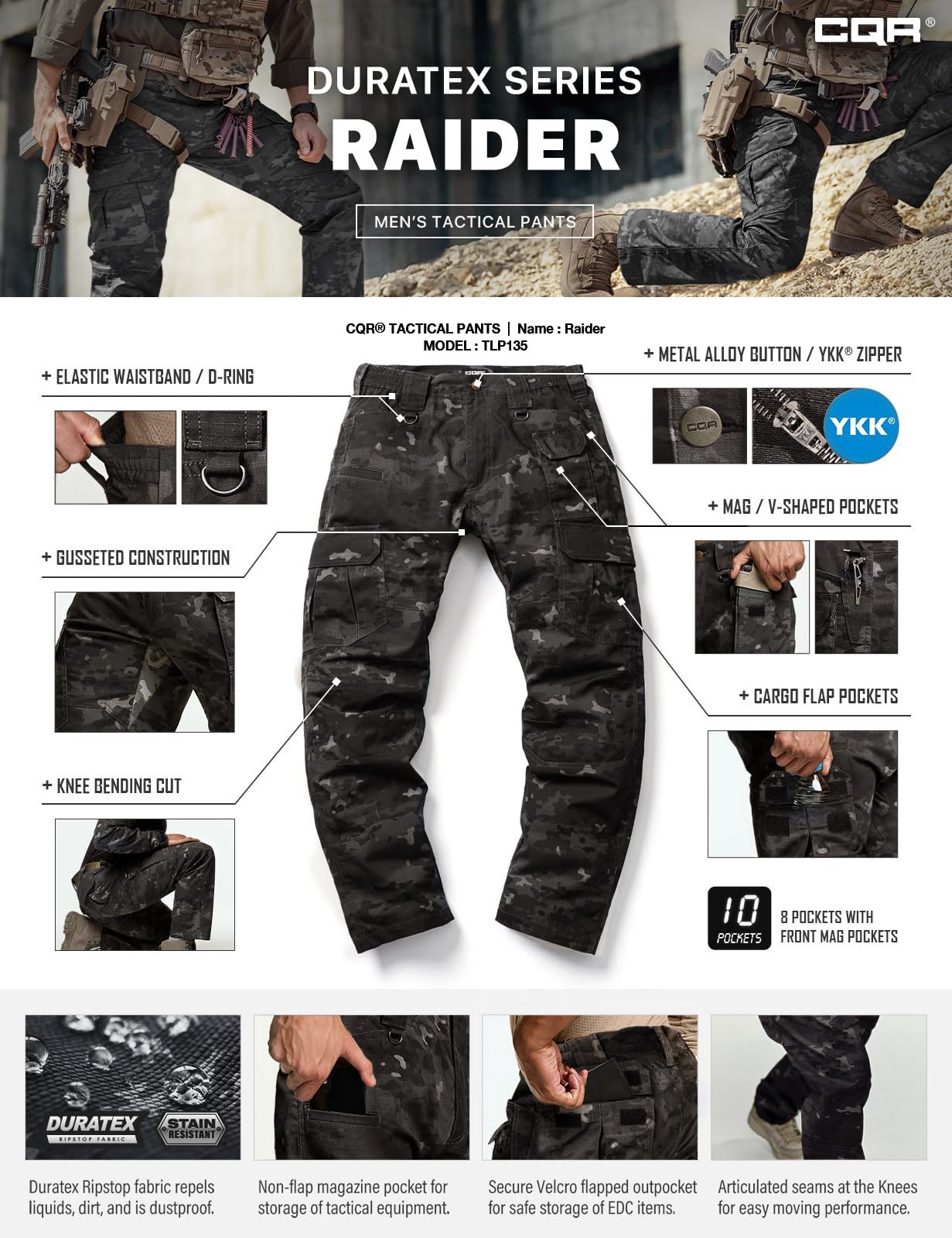CQR Men's Tactical Pants, Water Resistant Ripstop Cargo Pants, Lightweight EDC Work Hiking Pants, Outdoor Apparel, Duratex Mag Pocket Print Utility Camo Black, 36W x 30L