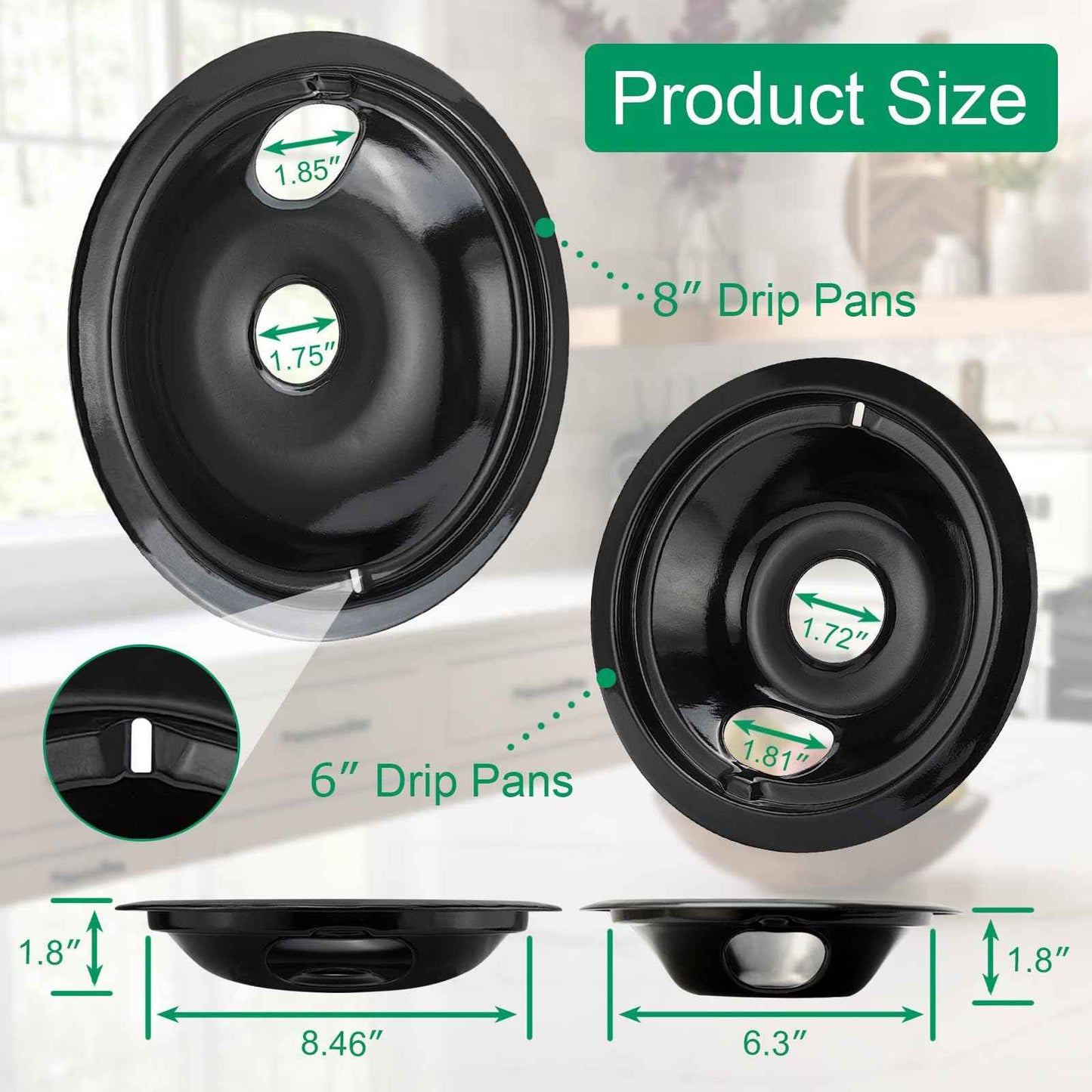 Purelux Electric Range Drip Pans Replacement Compatible with GE or Hotpoint Stove, Porcelain Enameled Black Finish 4 Pieces Pack Includes 1 Large 8-Inch and 3 Small 6-Inch