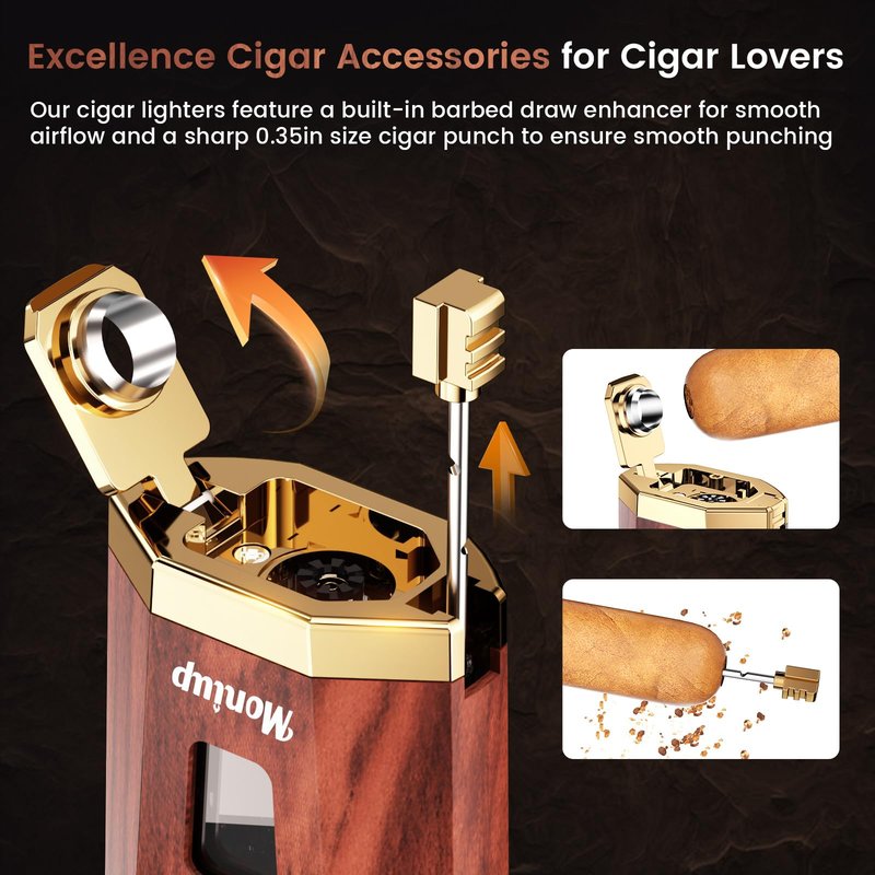 4-in-1 Torch Cigar Lighter, with Cigar V Cutter Set, Built-in Cigar Punch, Cigar Holder & Draw Enhancer, Cigar Accessories Gifts for Men, Dual Jet Flame Refillable Butane Lighters for Smoking, Travel