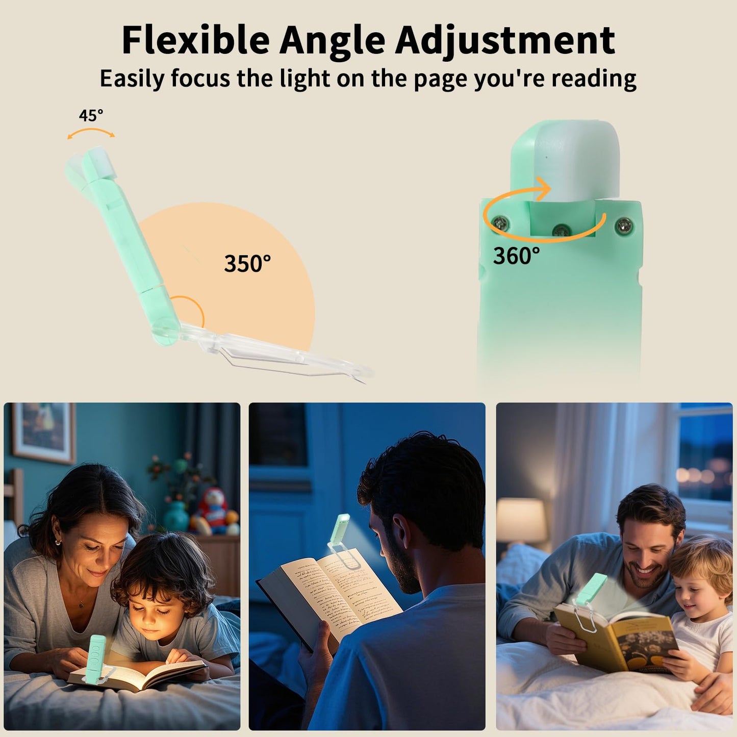 24 Led Rechargeable Book Light for Reading in Bed-Eye Caring 3 Color Temperatures,80 Hrs Runtime Lightweight Clip-On Lamp, Perfect for Kids, Book Lovers, and Student Gift (Green, Clip On)