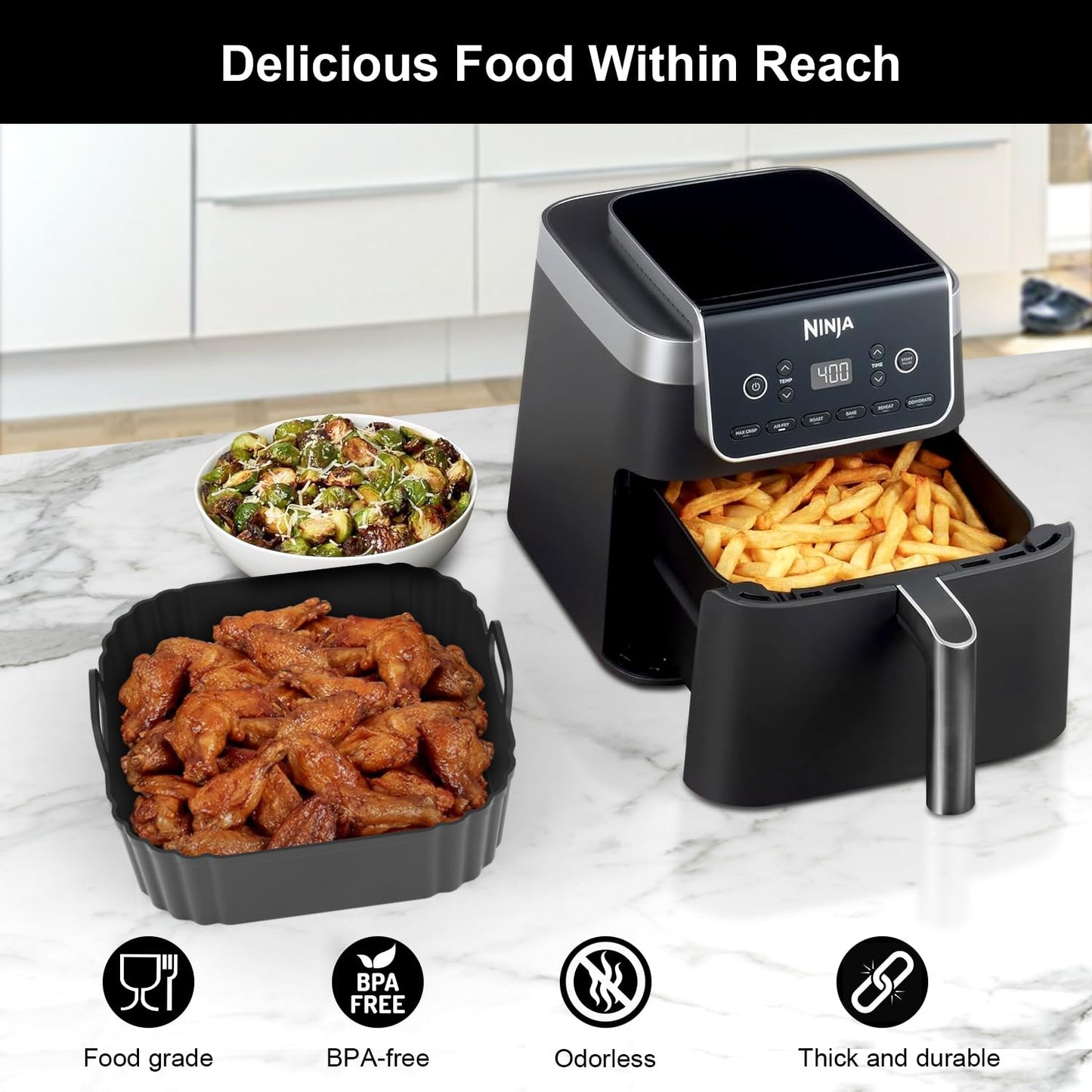 Square Silicone Air Fryer Liners 2 Pack, Compatible with Ninja AF141 181, 8.5 Inch Air Fryer Liners for COSORI 5-6.5 QT, Reusable Silicone Basket, Air Fryer Accessories