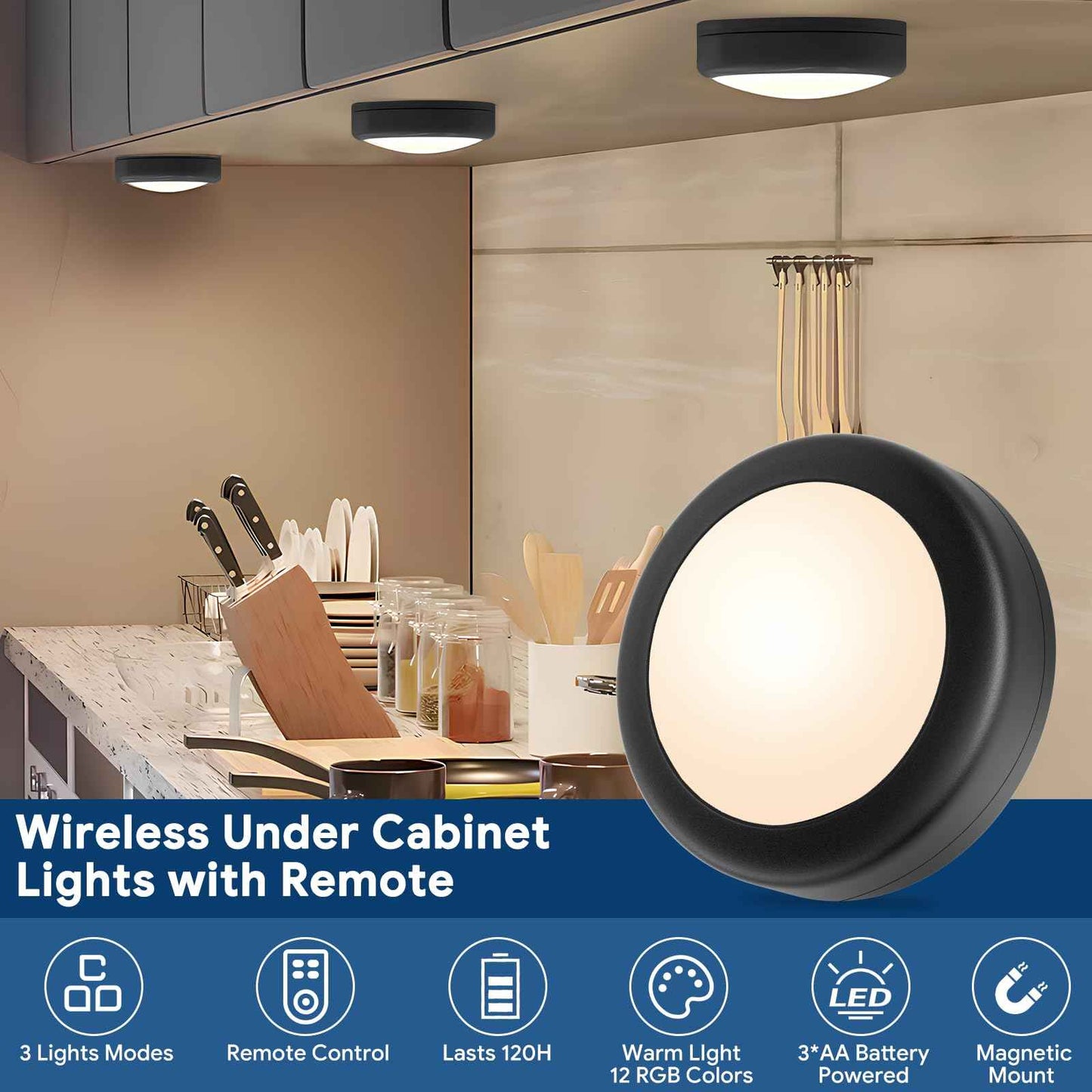 Yiliaw LED Puck Lights with Remote Control, AA Battery Operated, 12 Color Closet Under Cabinet Lighting, Push Tap Light, Under Counter for Kitchen, 6 Pack, Black-Magnetic