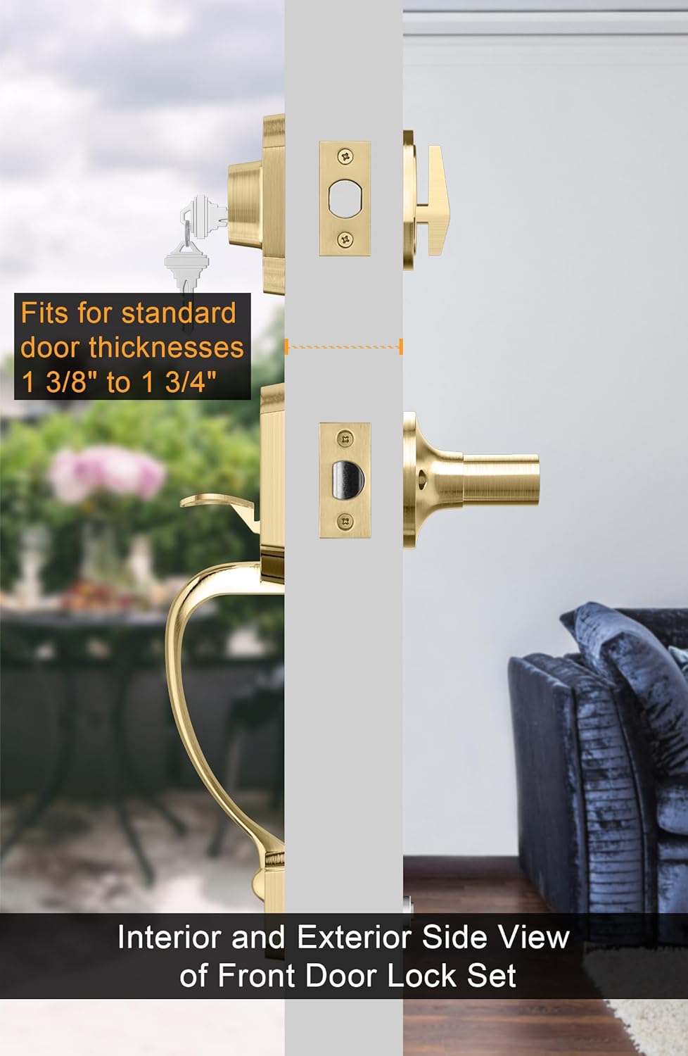 Gold Front Door Handle & Deadbolt Set - Reversible Lever Lock Hardware