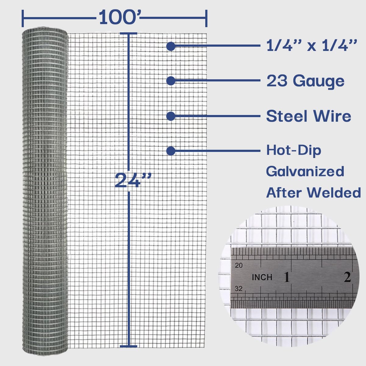 Salmut Hardware Cloth 1/4 in. x 2 ft. x 100 ft. 23-Gauge, Galvanized Wire Mesh Roll, Chicken Wire Fencing, Gopher Wire, Garden Fence, Rodent Mesh, Wire Mesh Fence Roll, Rabbit Wire