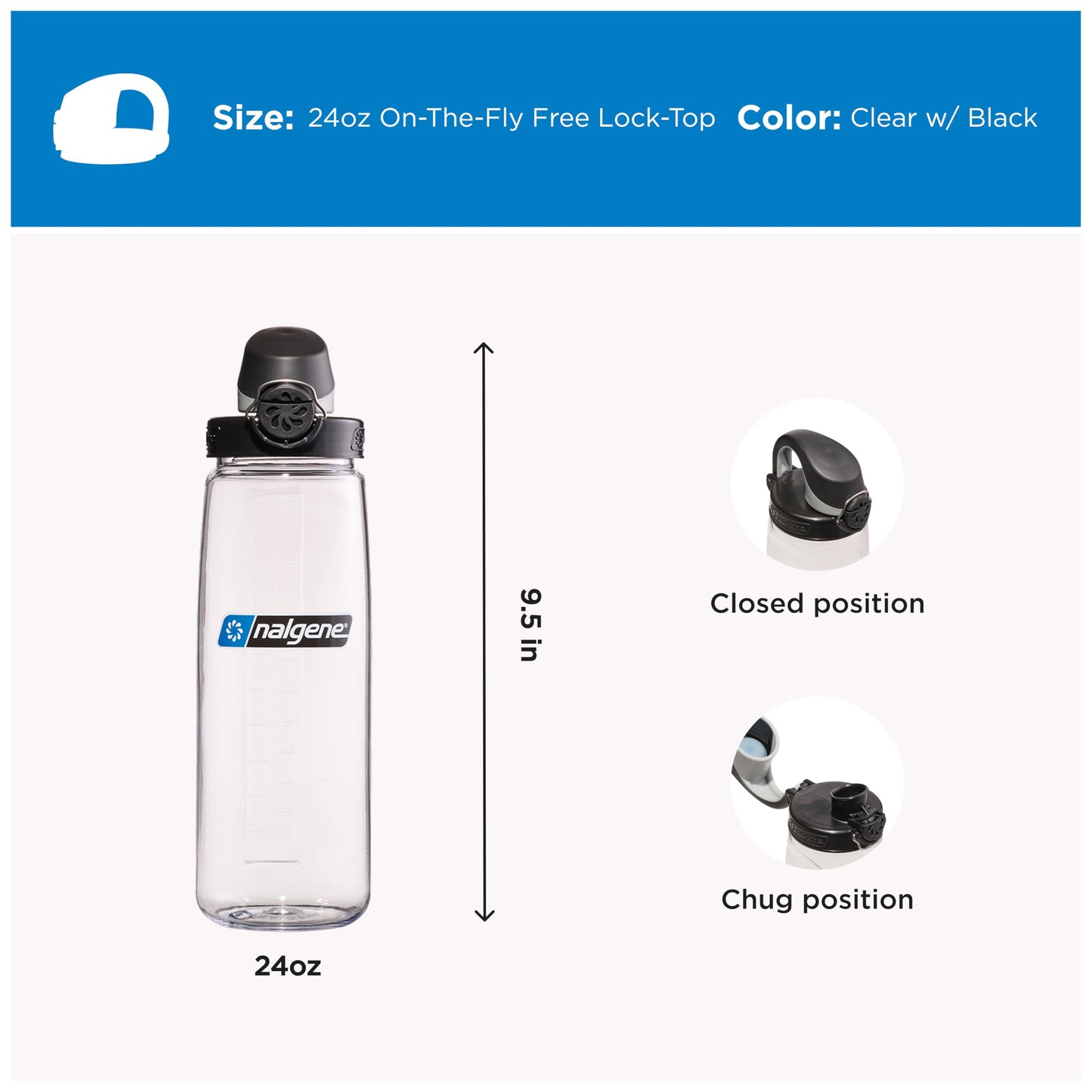 Nalgene 24 oz On The Fly Lock-Top Water Bottle, Clear w/Black