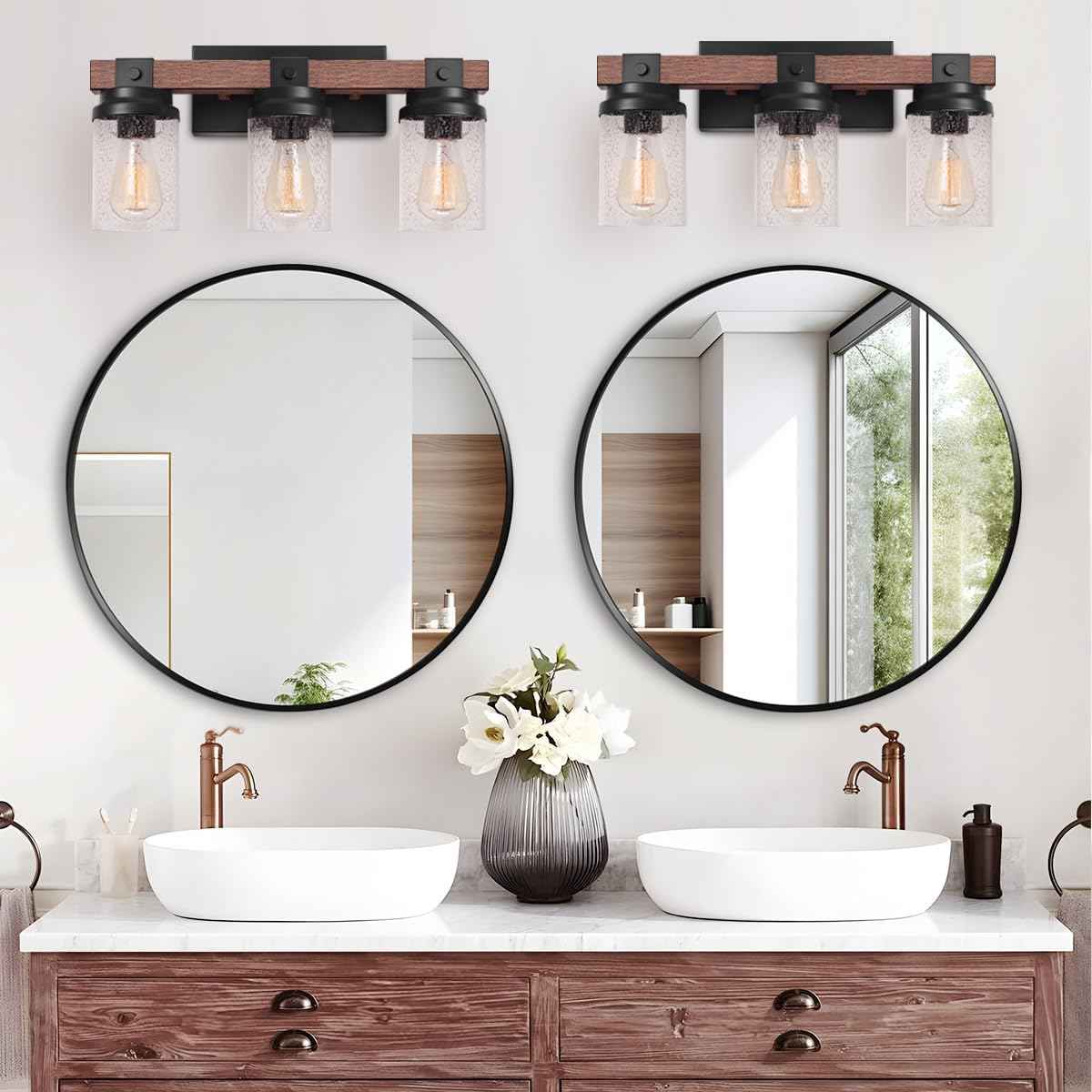 Farmhouse 2-Light Vanity Lights for Bathroom - Rustic Black Wood & Glass Sconces
