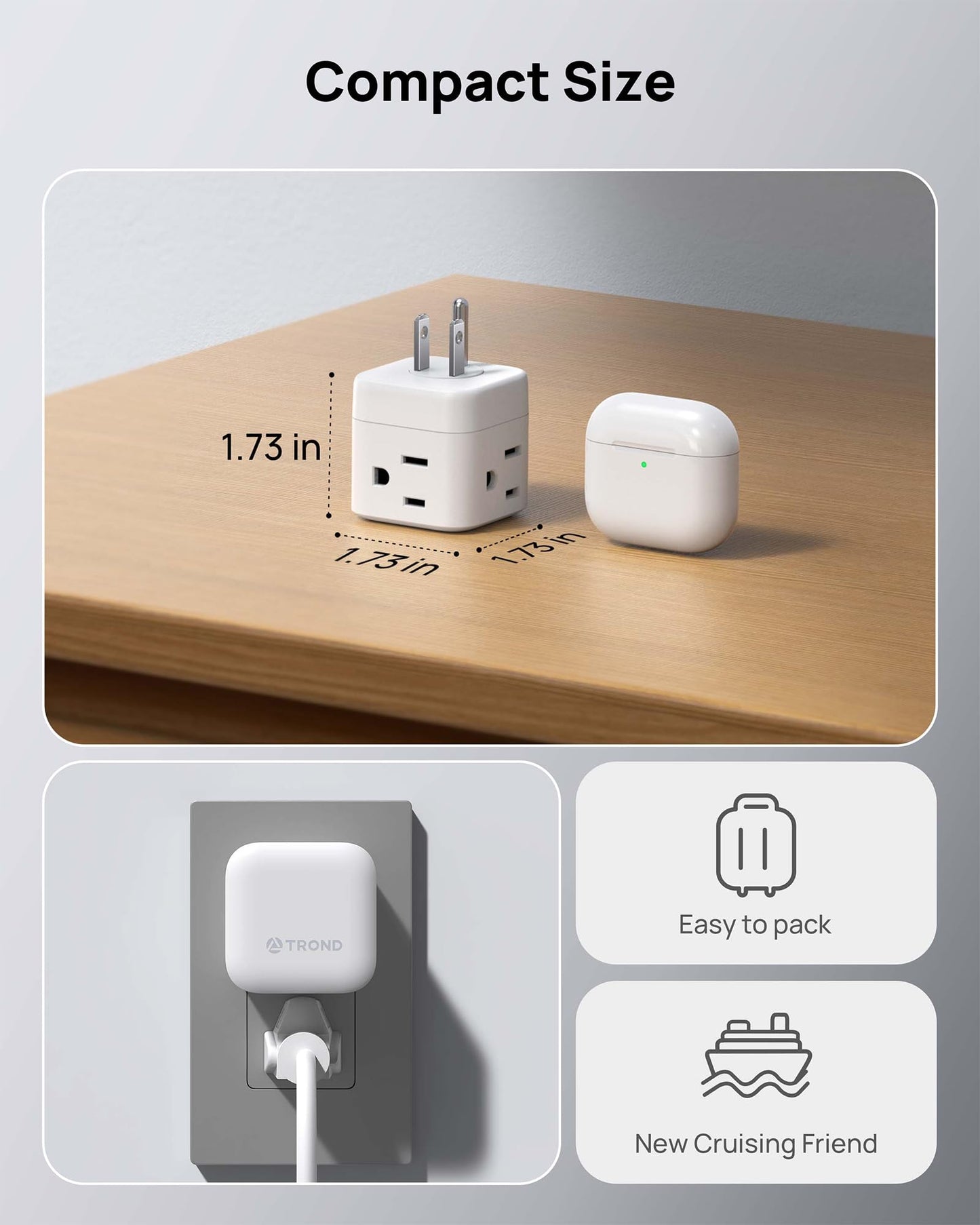 TROND Multi Wall Outlet Extender - Sideways Plug Adapter with 3 Electrical Sockets, 360 Rotating Plug to Turn the Horizontal to Vertical Outlet for Plugging Air Freshener, Cat Calming, Night Light