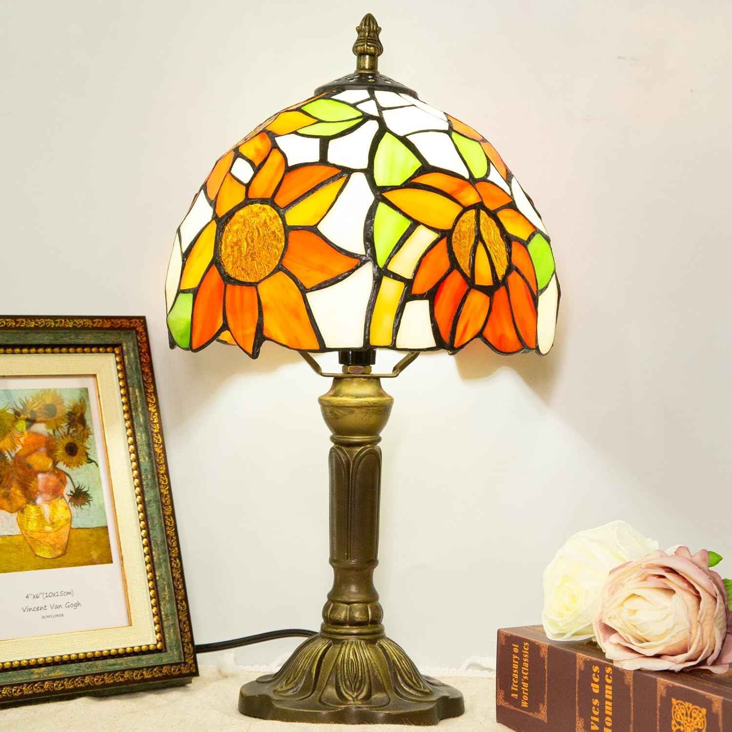 Tiffany Table Lamp - 8 Inch Antique Stained Glass, 3 Color Temperatures, Handcrafted for Bedroom & Living Room
