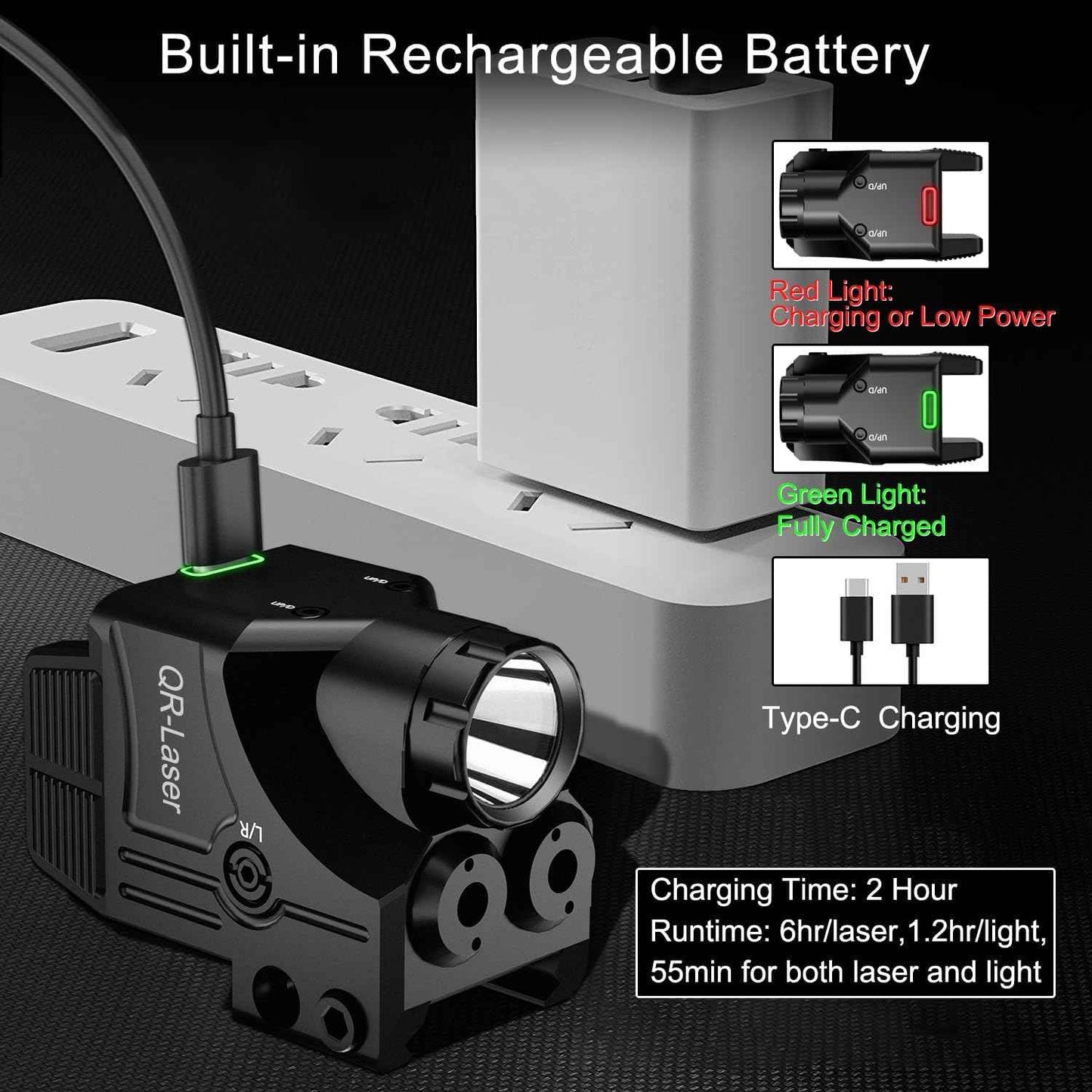 800 Lumens Tactical Flashlight Laser Sight Combo - USB Rechargeable LED Light for Handguns