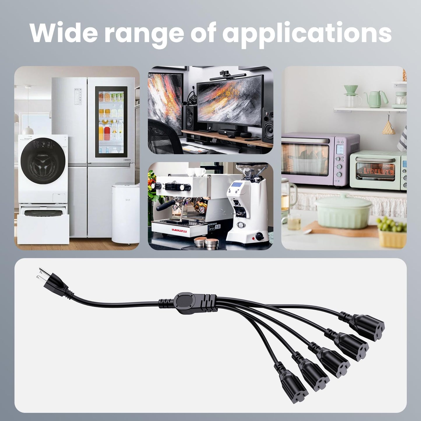 Extension Cord with 1 to 5 Splitter 16 AWG 13A 1625W 20 Inch Black 2 Pack | Outdoor Y-Style SJTW Cord NEMA 5-15P to 5-15R