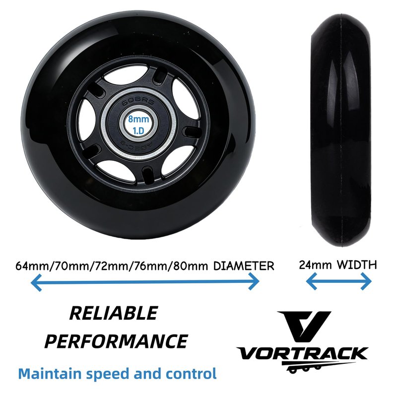 VORTRACK 4-Pack Inline Hockey Skate Wheels - 85A Durable PU Wheels with ABEC-9 608-2RS Bearings & Floating Spacers, 80/76/72/70/64mm for Blades Roller Skates, 76mm