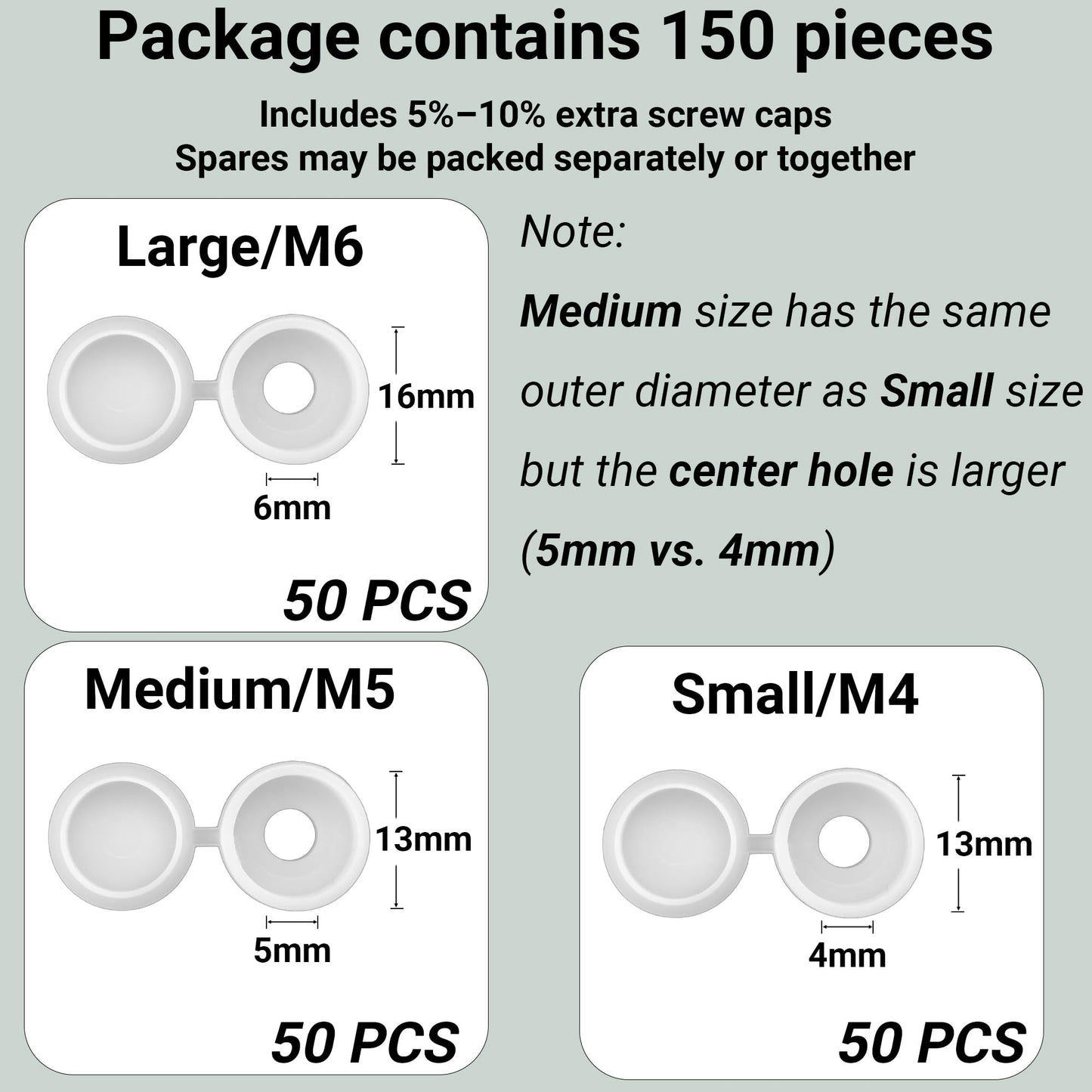 Duricient 150 Pcs 3 Sizes Screw Cover Caps, Smooth Plastic Caps for Covering Screw Nail Hole, 3 Sizes (Hole Diameter 4mm, 5mm, 6mm)(White)
