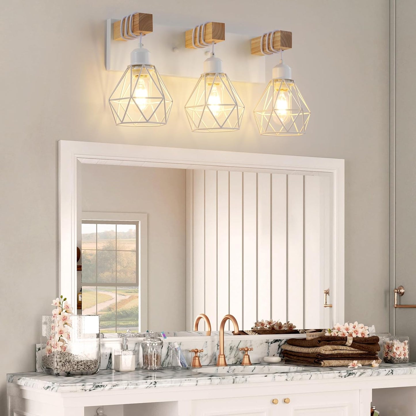 Farmhouse 3-Light Bathroom Vanity Light Fixture - Rustic White Wood Sconces for Mirror