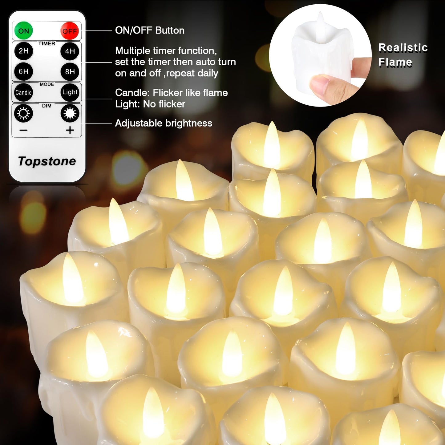 Topstone 12pcs Flickering Flameless Candles,Battery Operated LED Candles with Timer & Dimmable Function,Fake Candles,Remote Control Tea Lights, Perfect for Home Decor, Wedding, Christmas Decorations