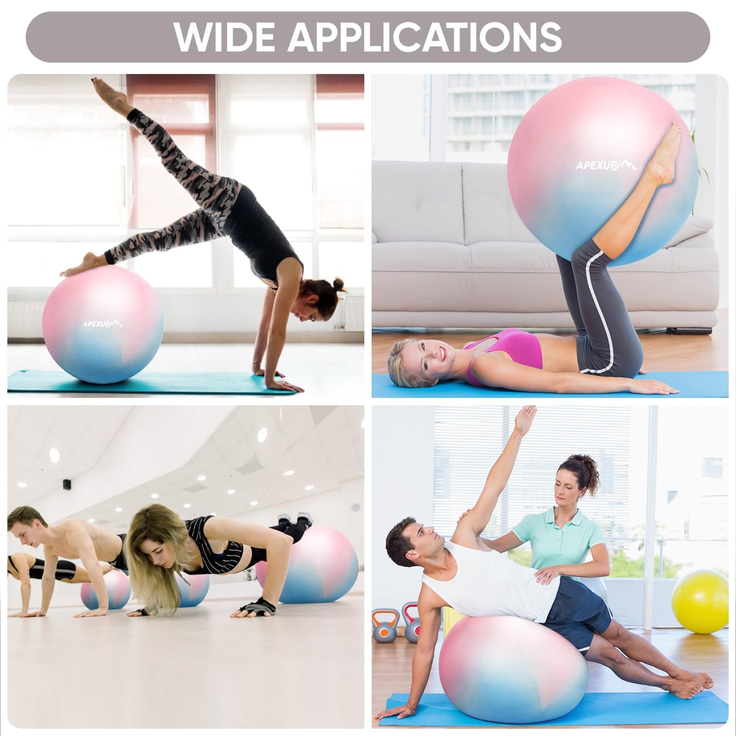 APEXUP Yoga Ball, 660 lbs Anti-Burst Exercise Ball with Pump, 5 Sizes (M (19"~22") 55cm, Blue Pink)