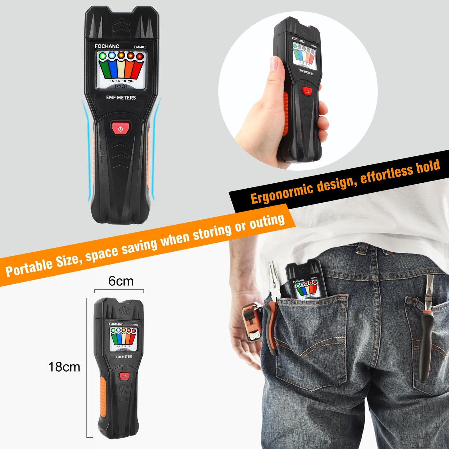 EMF Meter with 5 LED Magnetic Field Detector with On/Off Button, Fochanc Ghost Hunting Equipment Tester 50Hz-20,000Hz, for Home, Office & Outdoor Inspections, Battery Included(Black)