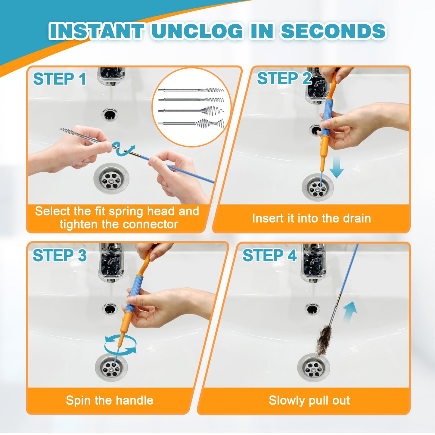 50 Inch Drain Snake Hair Drain Clog Remover, Replaceable & Reusable Sink Snake with 5 Spring Heads & Rotating Handle, Anti-break Steel Sink Drain Cleaner for Bathroom, Shower, Bathtub