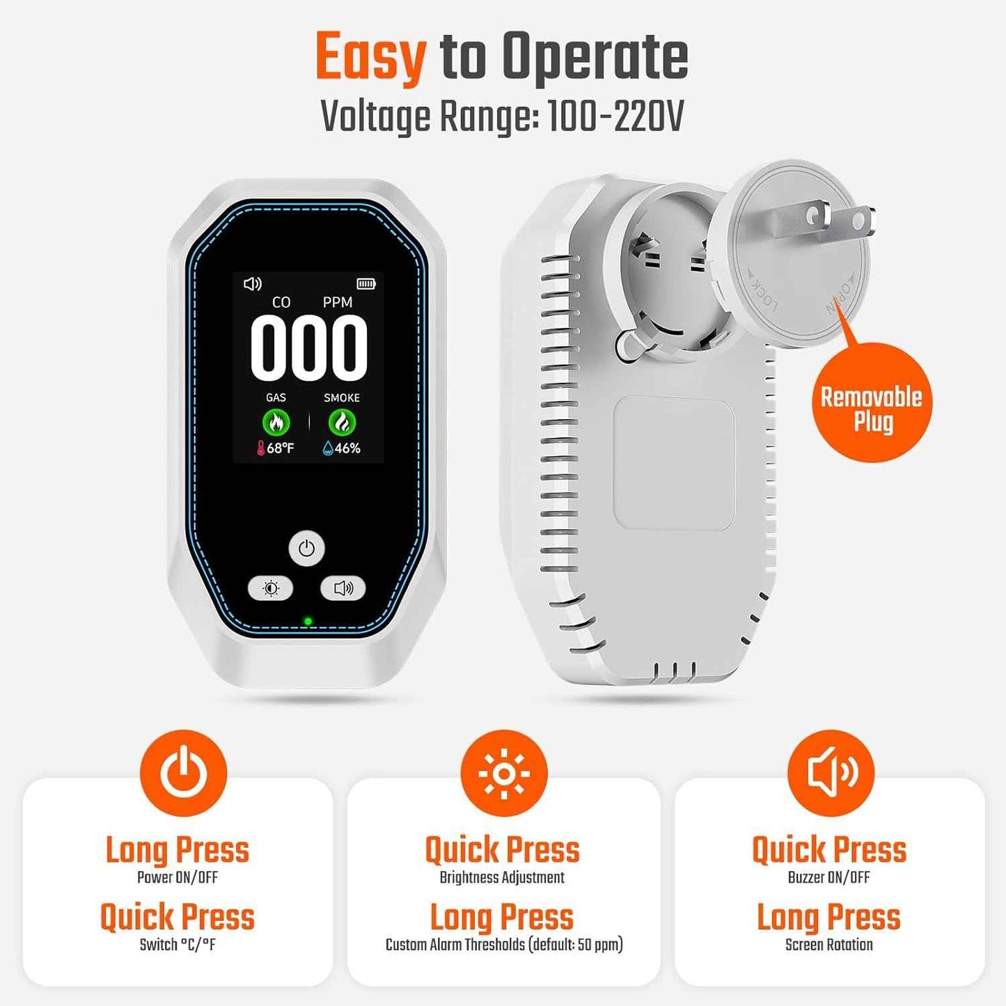 5-in-1 Carbon Monoxide Detector & Natural Gas Leak Alarm with LCD Display - Battery Backup, Temp/Humidity Monitor for Home & Travel