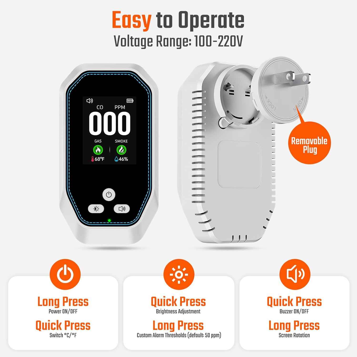 5-in-1 Carbon Monoxide Detector & Natural Gas Leak Alarm with LCD Display - Battery Backup, Temp/Humidity Monitor for Home & Travel