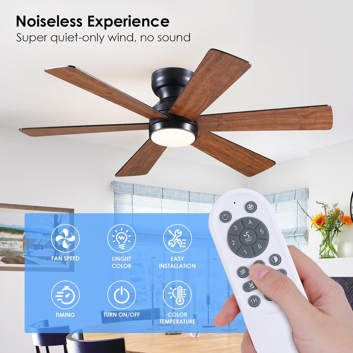 46” Black Low Profile Ceiling Fan with Lights & Remote Control - Dimmable, Noiseless, Reversible for Bedroom