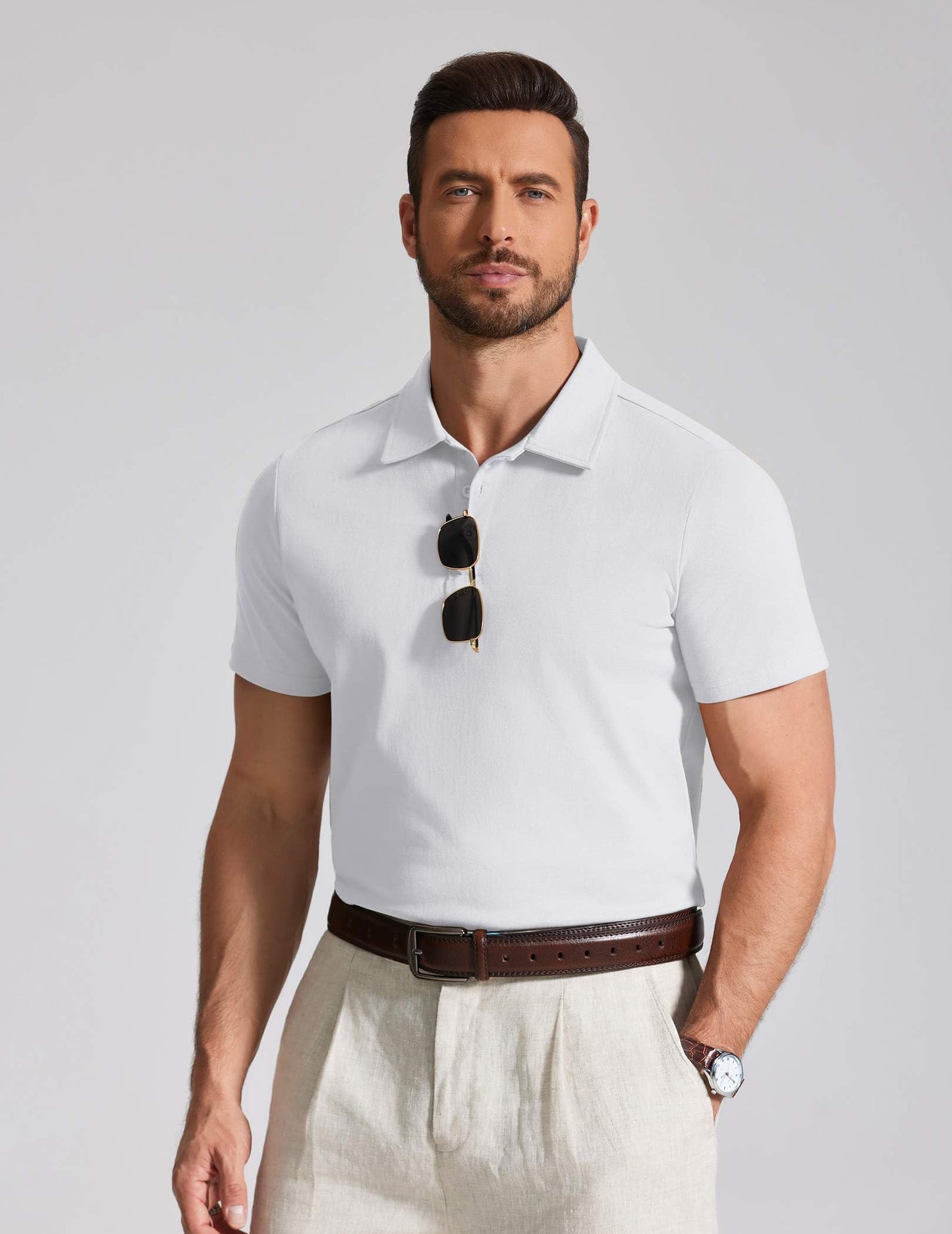 COOFANDY Mens Golf Shirts Short Sleeve Casual Work Polo Shirts 3 Button Shirts for Men White