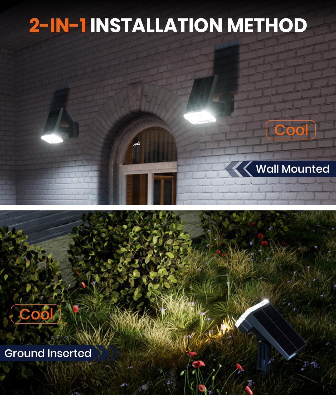 Adjustable Solar Spot Lights Outdoor - 3 Color Modes, IP67 Waterproof, 2-in-1 Wall & Pathway Lighting for Garden, Yard, Patio & Landscape