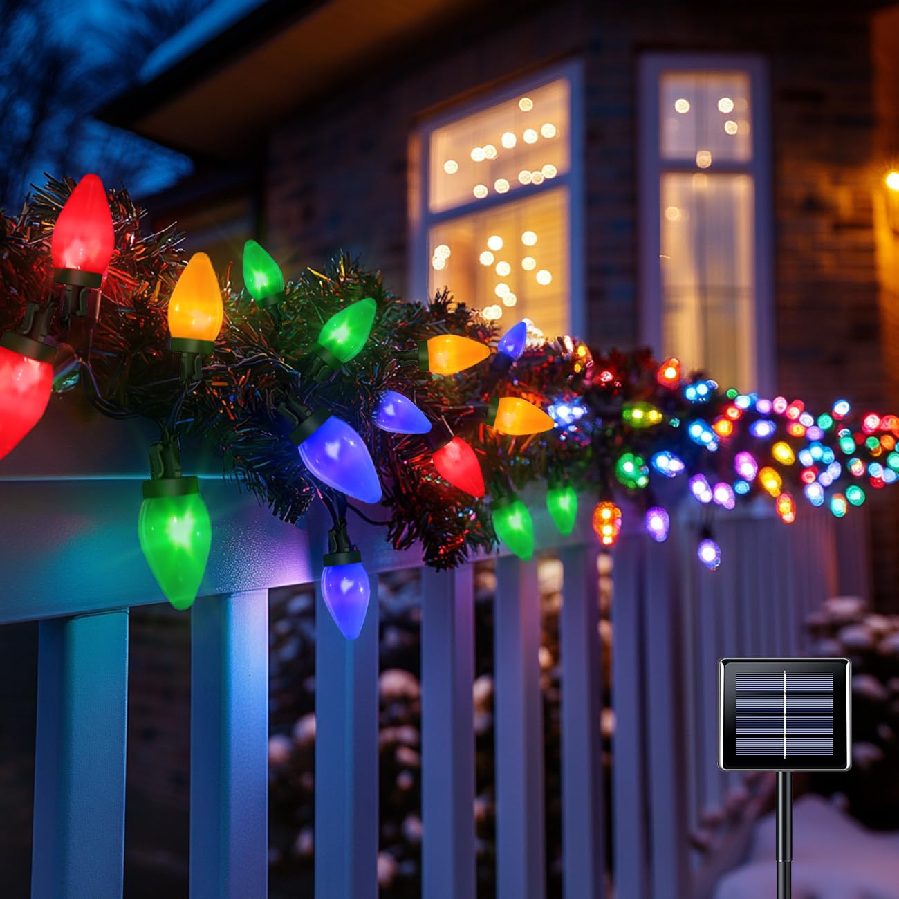 Anycosy Solar Christmas Lights, 29.5 FT 60 LEDs C7 Strings Lights 8 Modes with Auto On/Off Time for Xmas Tree Garland Garden Patio Indoor Outdoor Christmas Decorations WC-60