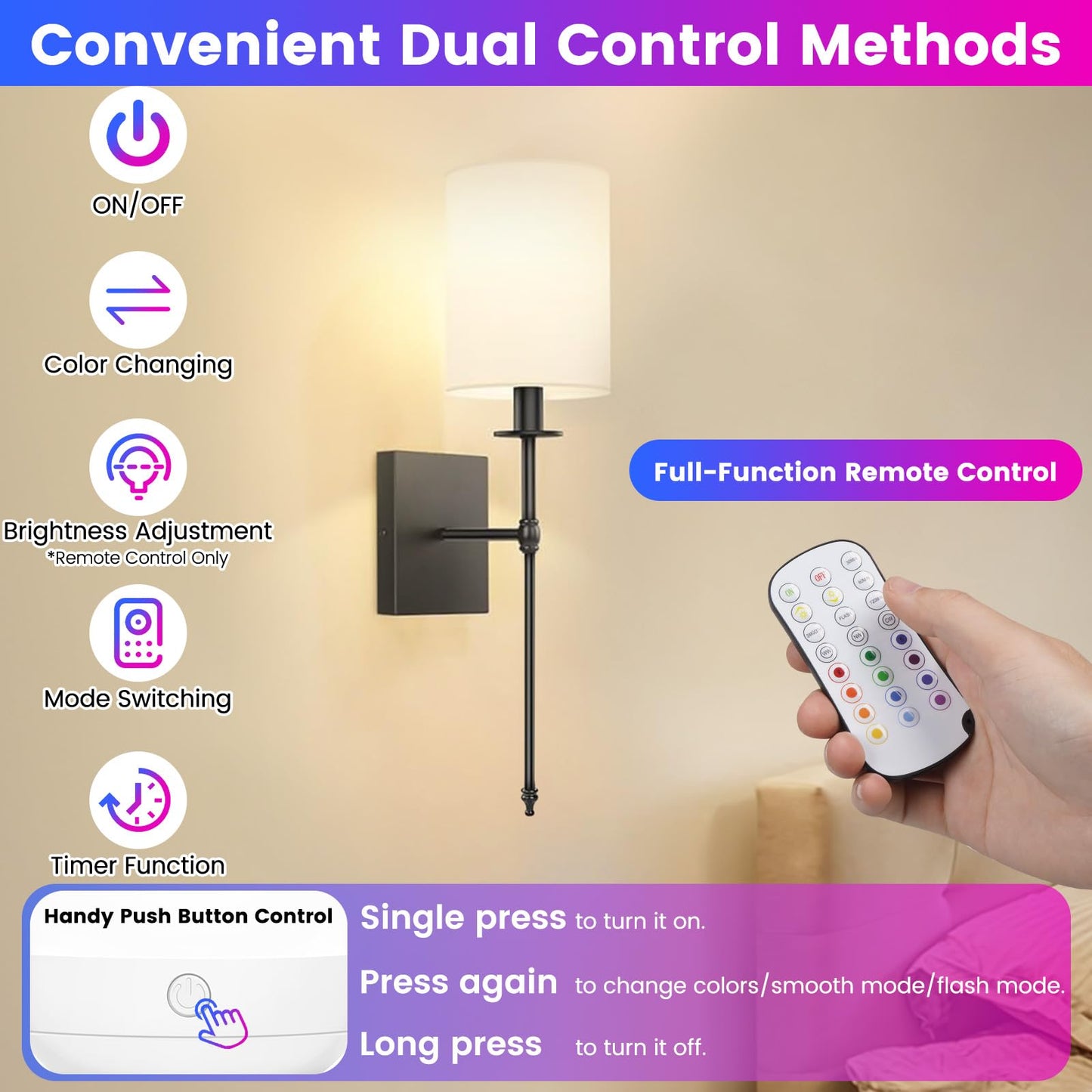 Yochoice 2-Pack Rechargeable Battery Operated Light Bulb with Remote Control, E26 Battery Powered Dimmable Light Bulb with 3 Color Temperatures + 12 RGB Colors, Detachable LED Bulb for Wall Sconce