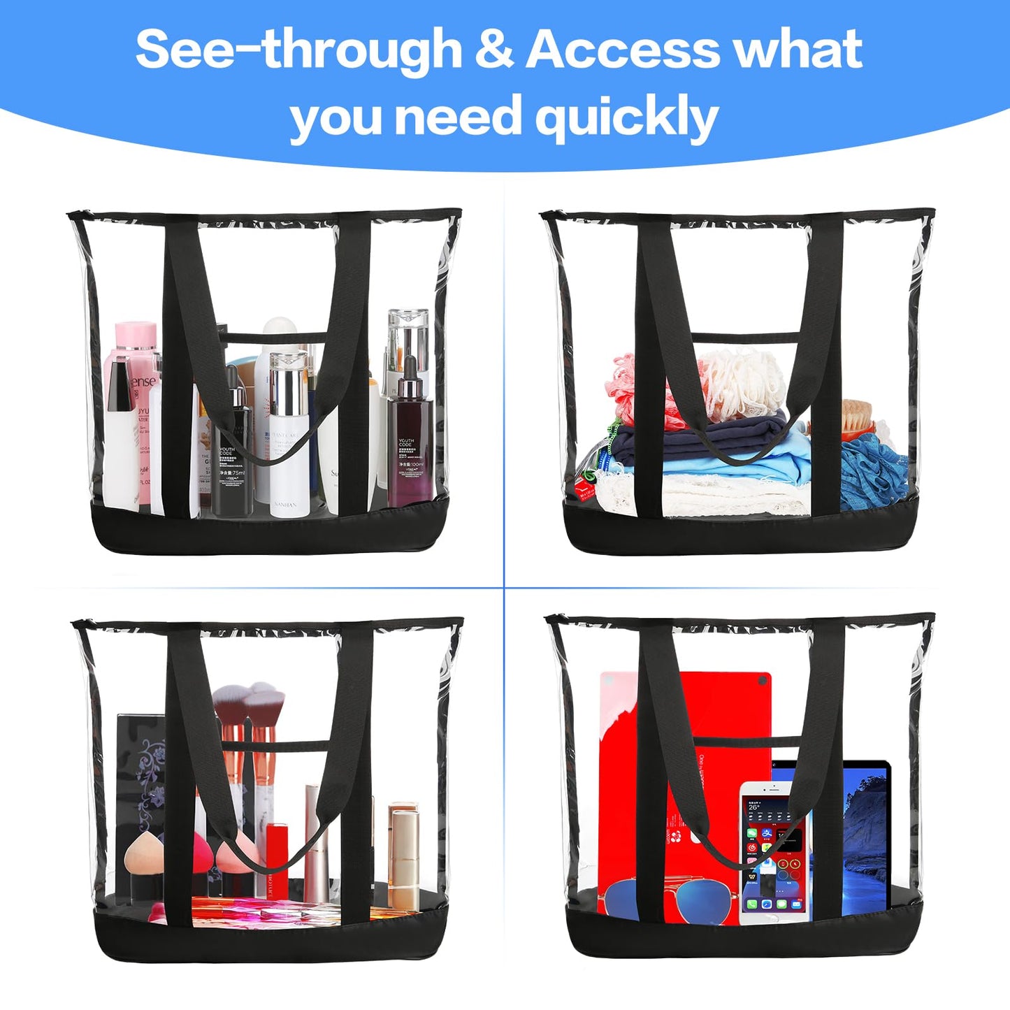 HAOGUAGUA Extra Large Clear Cosmetic Toiletry Makeup Travel Bag, Waterproof Transparent Plastic PVC Tote Shoulder Bag with Handles (BLACK)