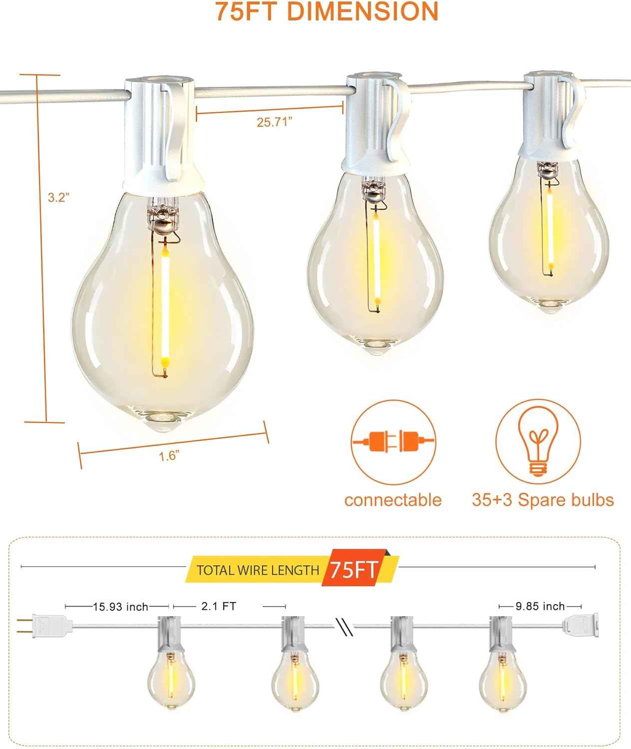 200FT Waterproof LED Outdoor String Lights with 100 Shatterproof Edison Bulbs - Dimmable Patio Decor for Backyard & Garden