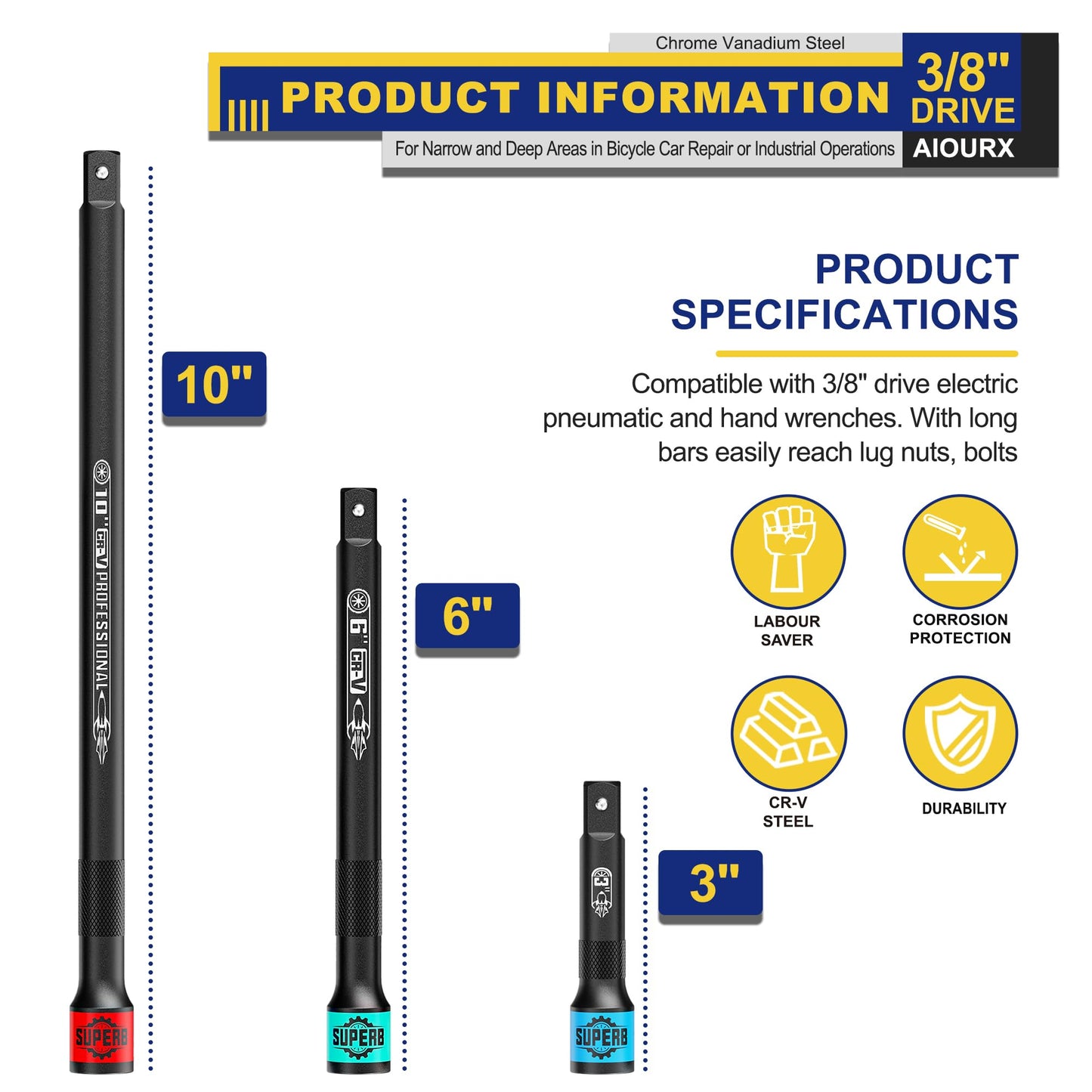Aiourx 3/8" Drive Impact Extension Bar Set, 3 Pcs Socket Extensions Sets, 3" 6" 10" Length, CR-V Steel, Narrow and Deep Areas in Bicycle, Car Repair or Industrial Operations