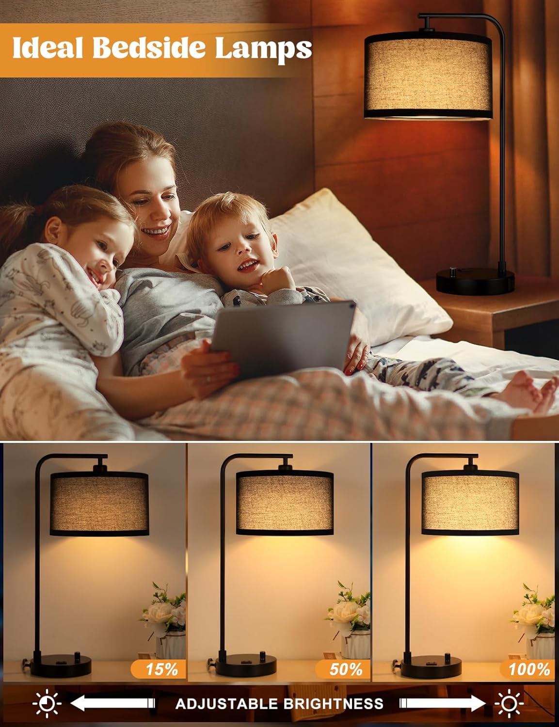 Dimmable Tall Table Lamp with USB Port & Outlet - Linen Shade Bedside Desk Lamp for Bedroom, Living Room, Home Office