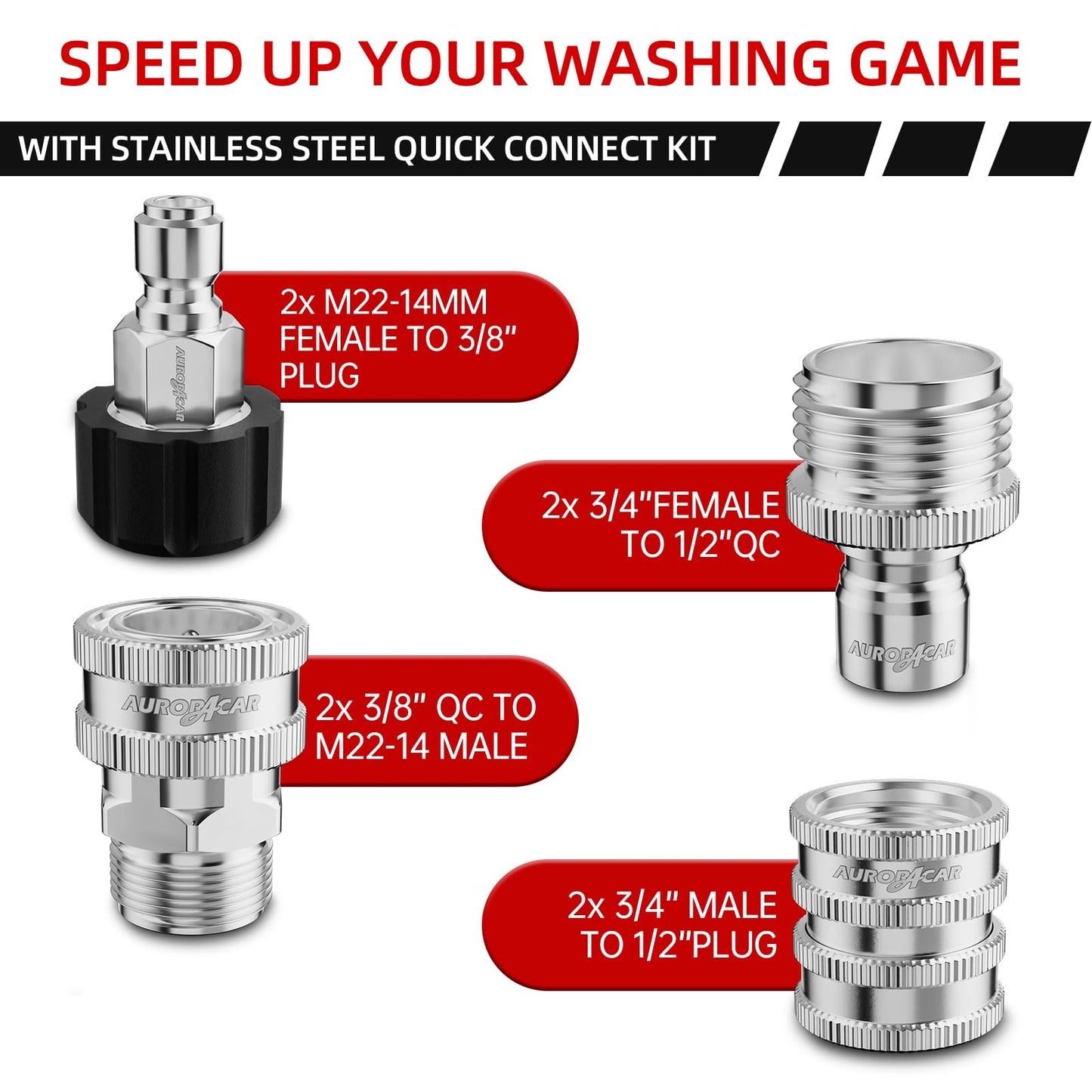 AURORA CAR Pressure Washer Quick Connect Kit, Stainless Steel Pressure Washer Adapter Set, M22-14mm Swivel to 3/8" Quick Connect Fittings, 3/4 Inch Hose Fittings, 8 Pack