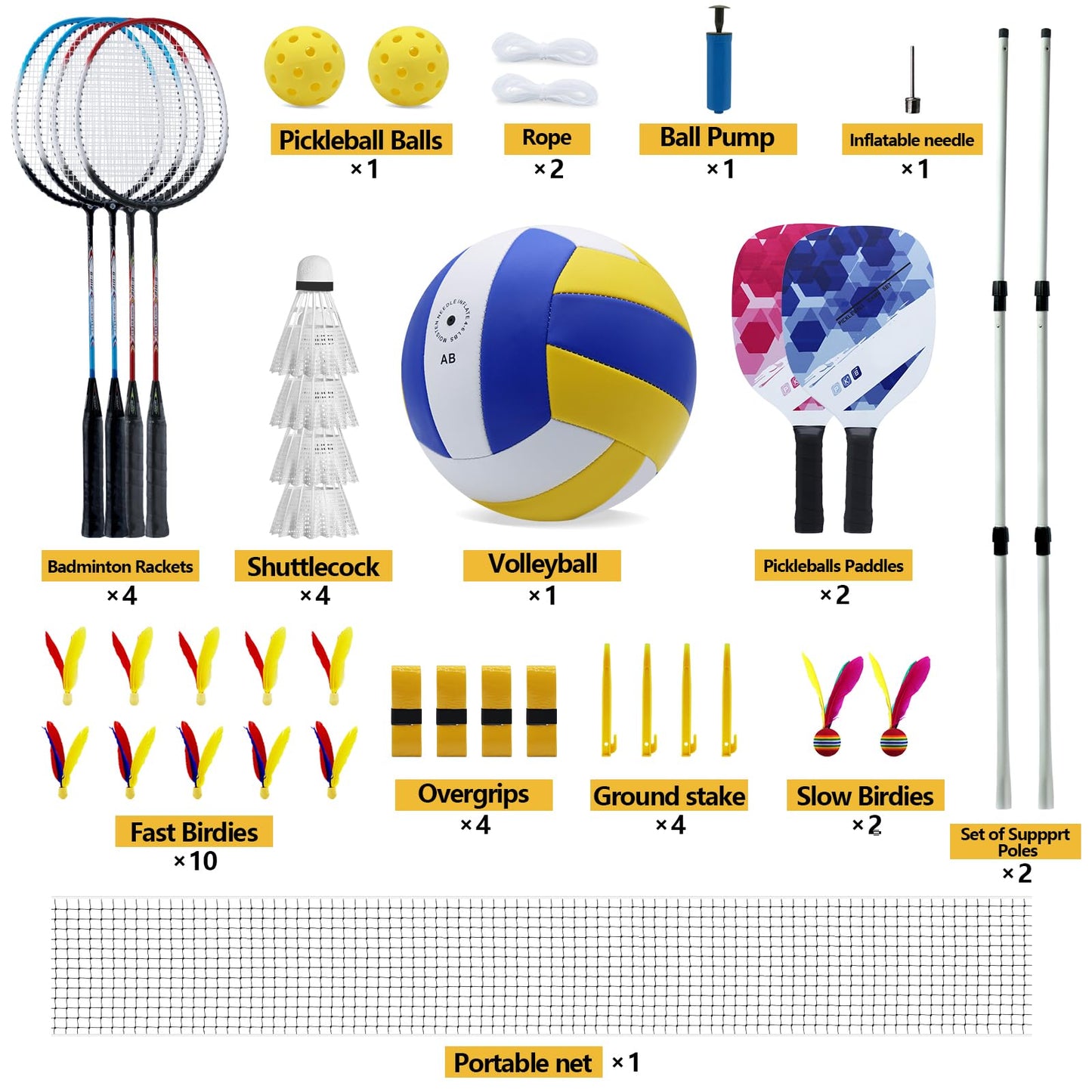 ZHUOKECE Outdoor Portable Volleyball and Badminton Net Combo Set, Official Size 5 Volleyballs Pickleball and Badminton Set for Backyard Games (Blue+Green)