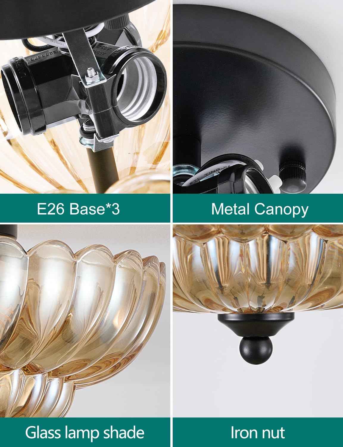 Modern 3-Bulb Semi Flush Mount Ceiling Light Fixture - Vintage Amber Glass for Bedroom, Kitchen, Living Room