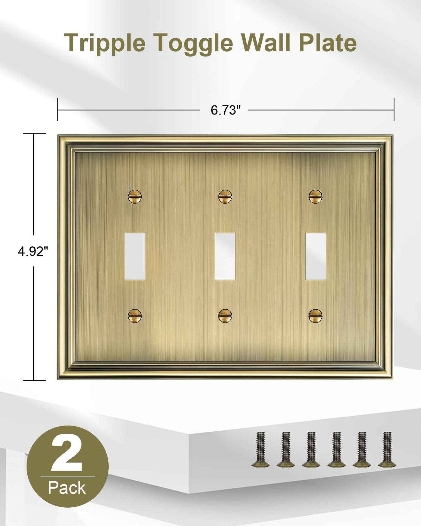 TREEWELL 2-Pack Triple Toggle Light Switch Cover Plate, Durable Solid Zinc Alloy Decorative Switch Plate Covers, Antique Brass 3 Gang Wall Plate, Corrosion Resistant