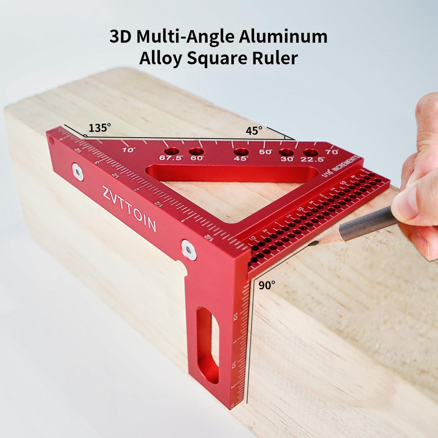 3D Multi-Angle Measuring Ruler, 0°-90° Aluminum Alloy Measuring Ruler, Woodworking Square Measuring Tool (4.40 inch, red)