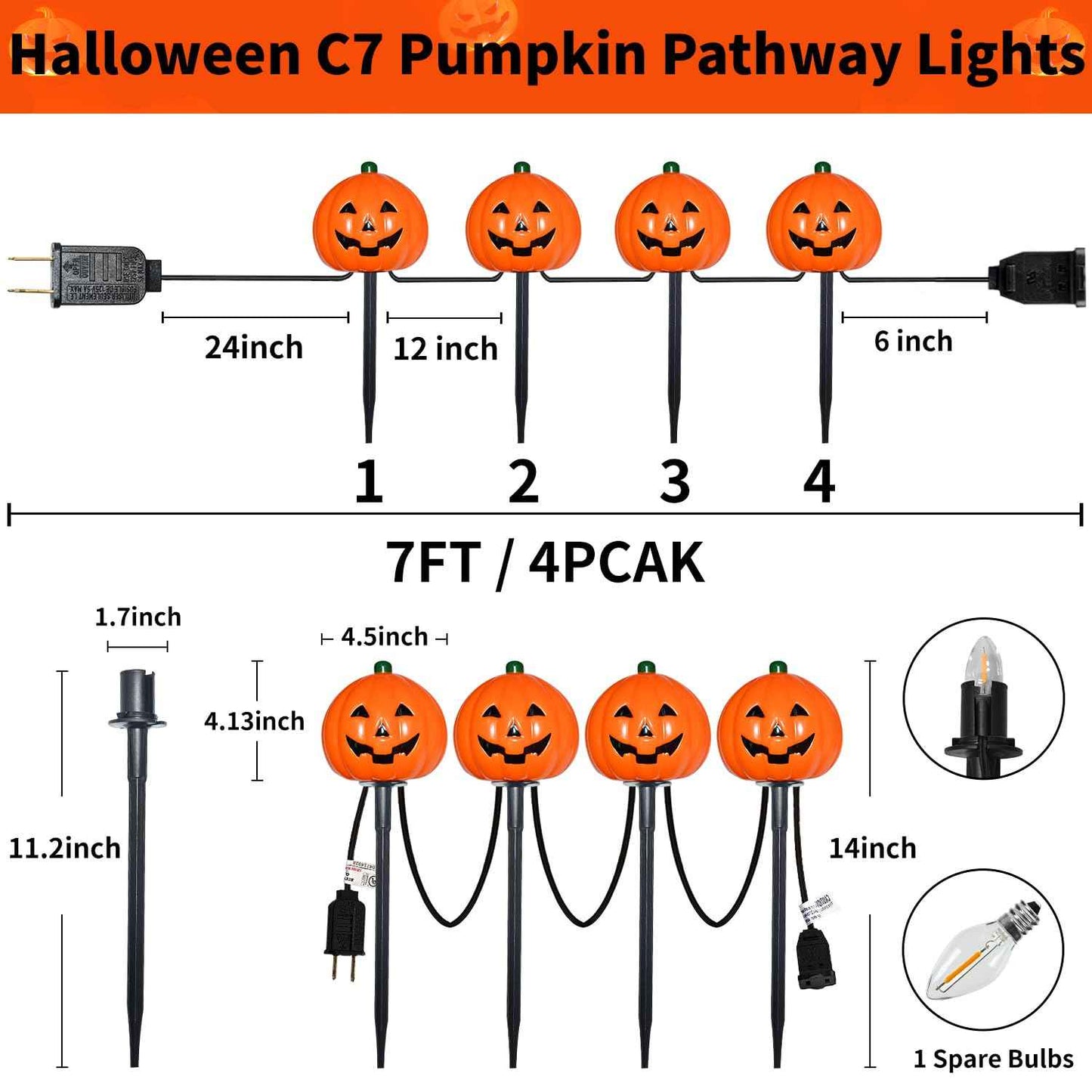 7Ft Halloween Pathway Lights Pumpkin Walkway Lights Markers Lights Plug in Waterproof with 4 Pack LED Pumpkin Path Lights, for Halloween Decorations Outdoor Yard Path Camping Lighting Decor, 0.6W