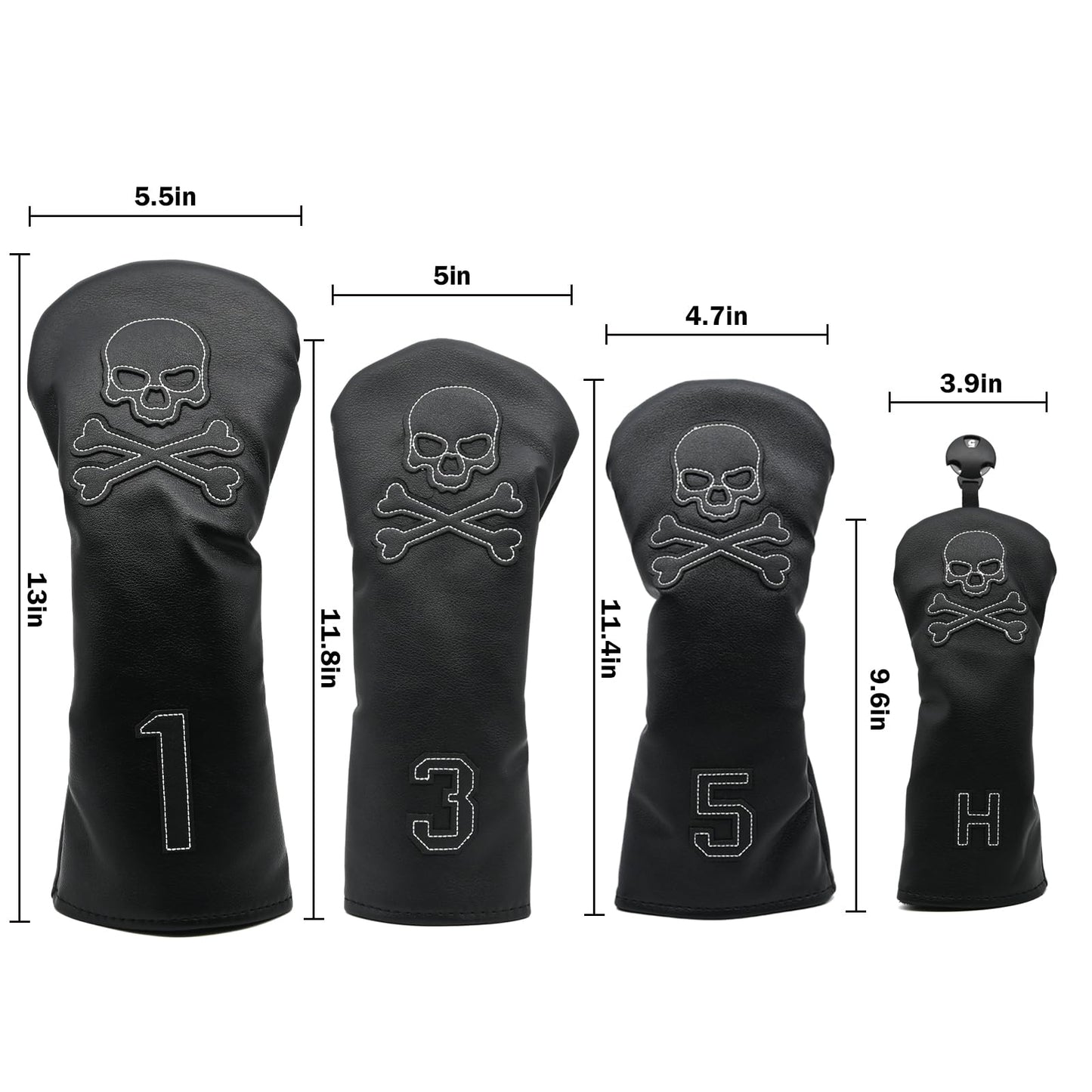 4 Pcs Golf Club Head Covers PU Leather Skull Golf Club Covers for Drivers, Fairway Woods, and Hybrids Fit Most Golf Clubs Golf Headcovers Set (Black)