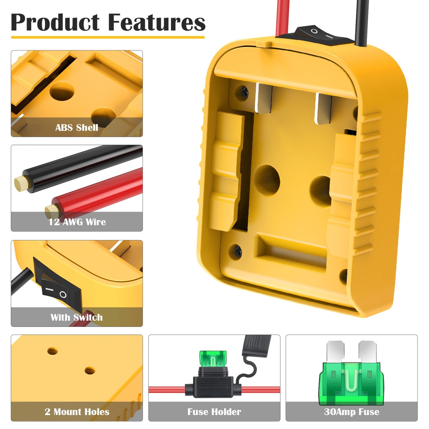 KOEZEOI 1 Packs Power Wheel Adapter for Dewalt 20V Battery Adapter Power Wheel Battery Converter with Fuse & Switch & Wire Terminals 12AWG Wire for DIY Rc Toys and Ride On Truck