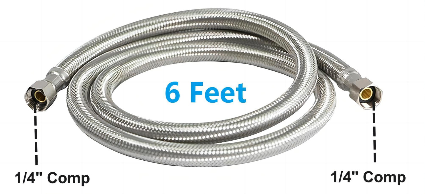 Refrigerator Ice Maker Hose, Universal Flexible Premium Braided Stainless Steel Water Line Connector, 1/4 Inch Compression, Silver (6 Feet)