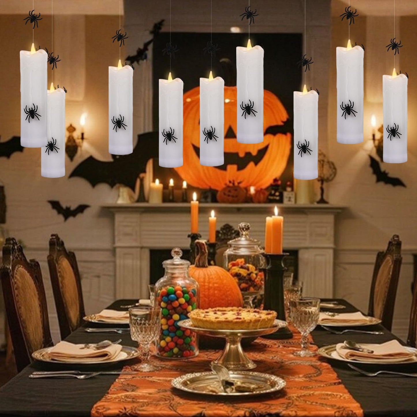 KunSwenn Halloween Floating Candles Flameless with 3D Spider, Set of 4 Hanging Candles Floating with Fishing Line, Floating Candle with Remote, Halloween Candle with 3 Black Spider for Home Decor