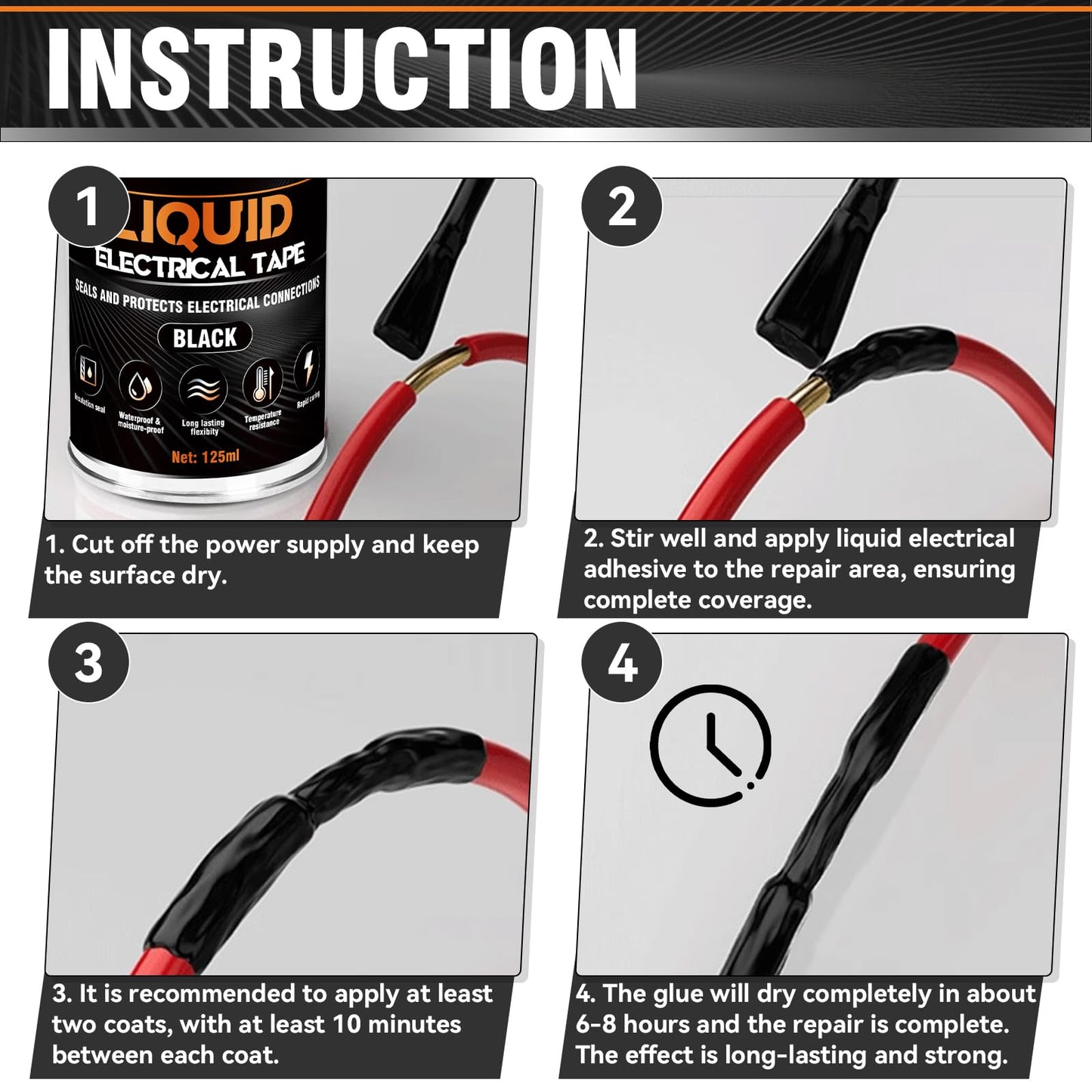 Liquid Electrical Tape, 125ml, Waterproofing Insulating Electrical Glue, Quick-Drying Wire Glue, Temperature Resistant, Used for Outdoor Indoor Wires, Electronic Component & Electrical Equipment