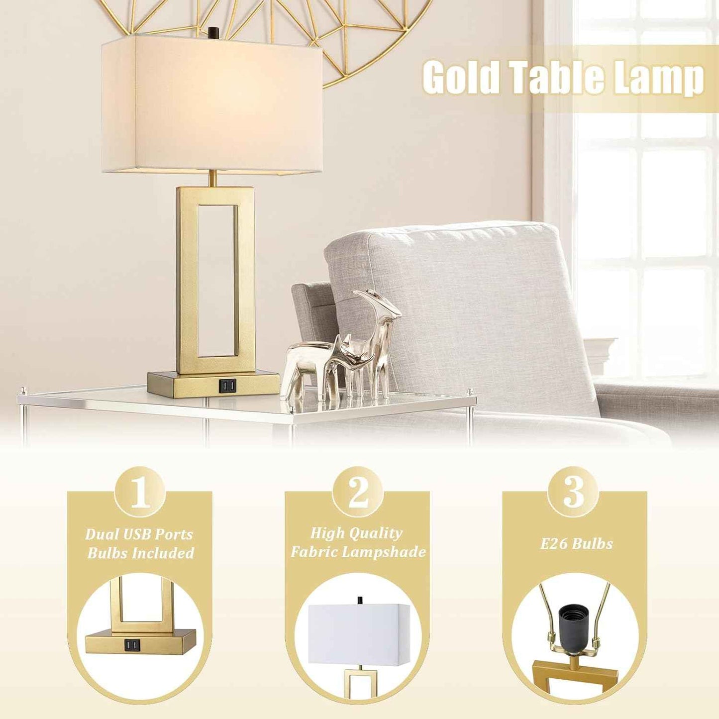 Gold Table Lamps Set of 2 - 3-Way Dimmable Touch Control with USB Ports, 22” Modern Design for Bedroom & Living Room