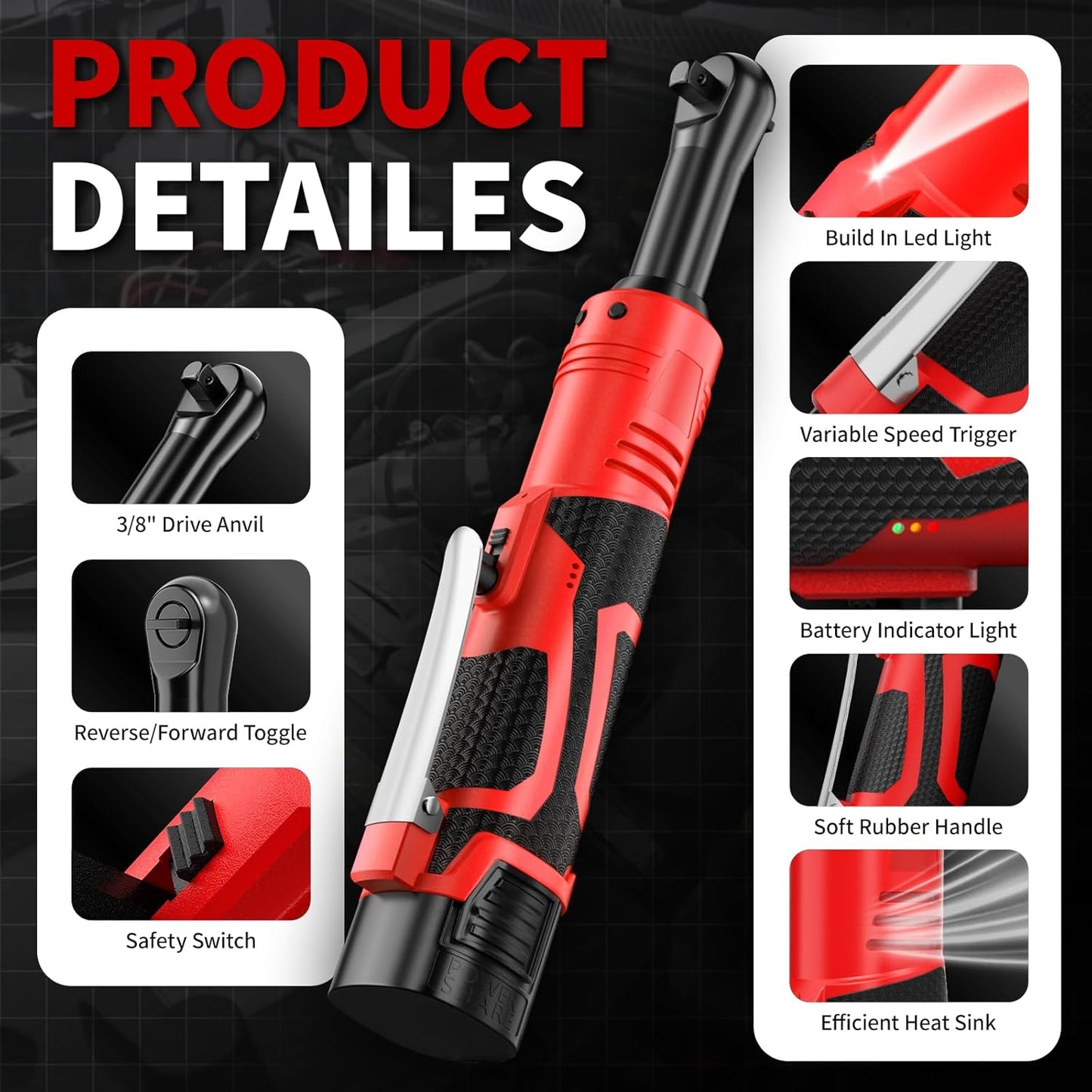 40 Ft-lbs Cordless Electric Ratchet Wrench Set - 16.8V Power Tool with 550 RPM, 1/4" Adapter & LED Light, Includes 2 Li-ion Batteries & Fast Charger