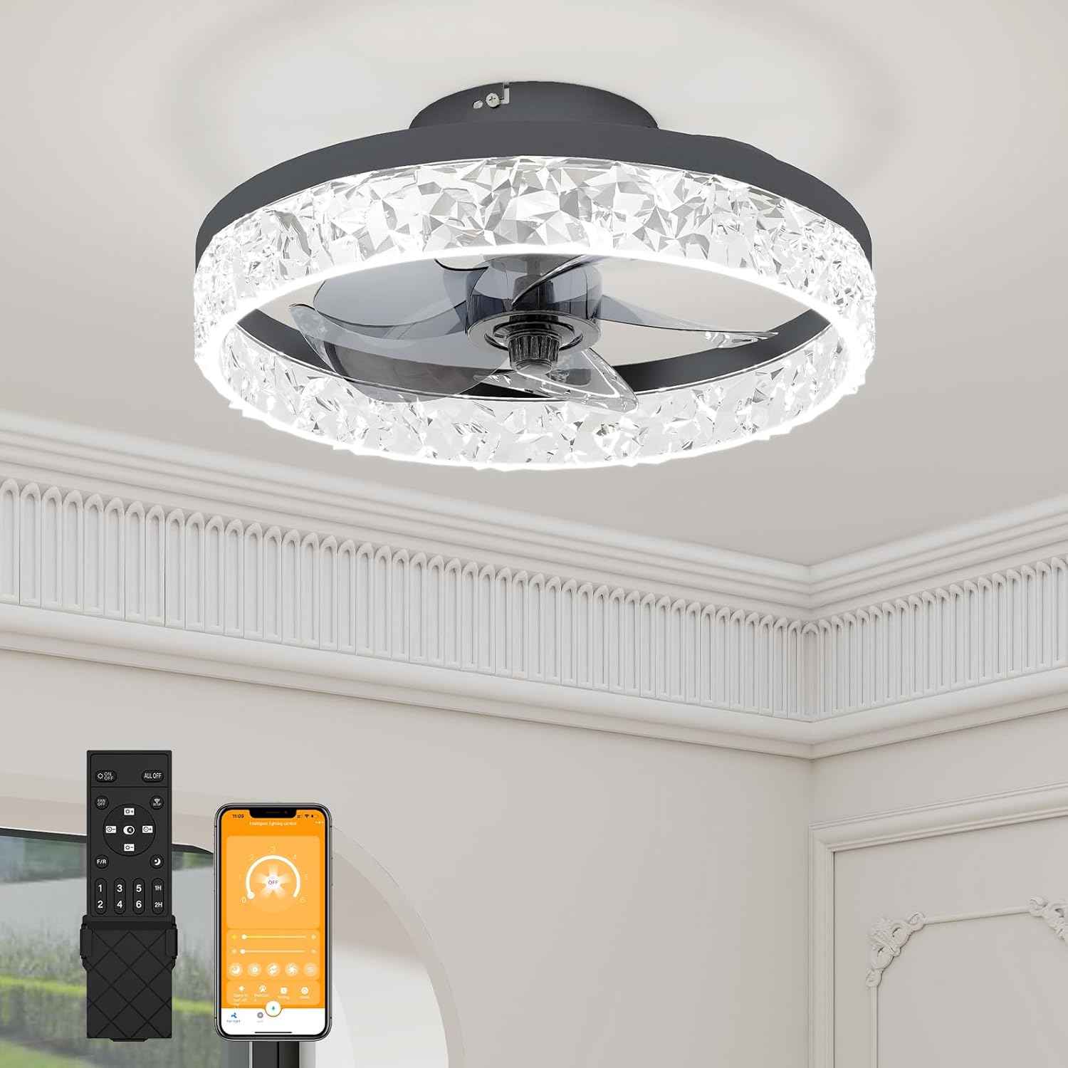 Modern Bladeless Ceiling Fan with Light & Remote - 15.7in Low Profile Fandelier, Dimmable 3000K-6500K for Bedroom